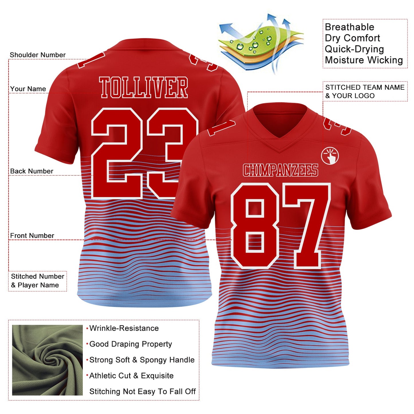 Custom Red Light Blue-White Authentic Fluid Wave Line Fade 7V7 Flag Football Jersey view 2