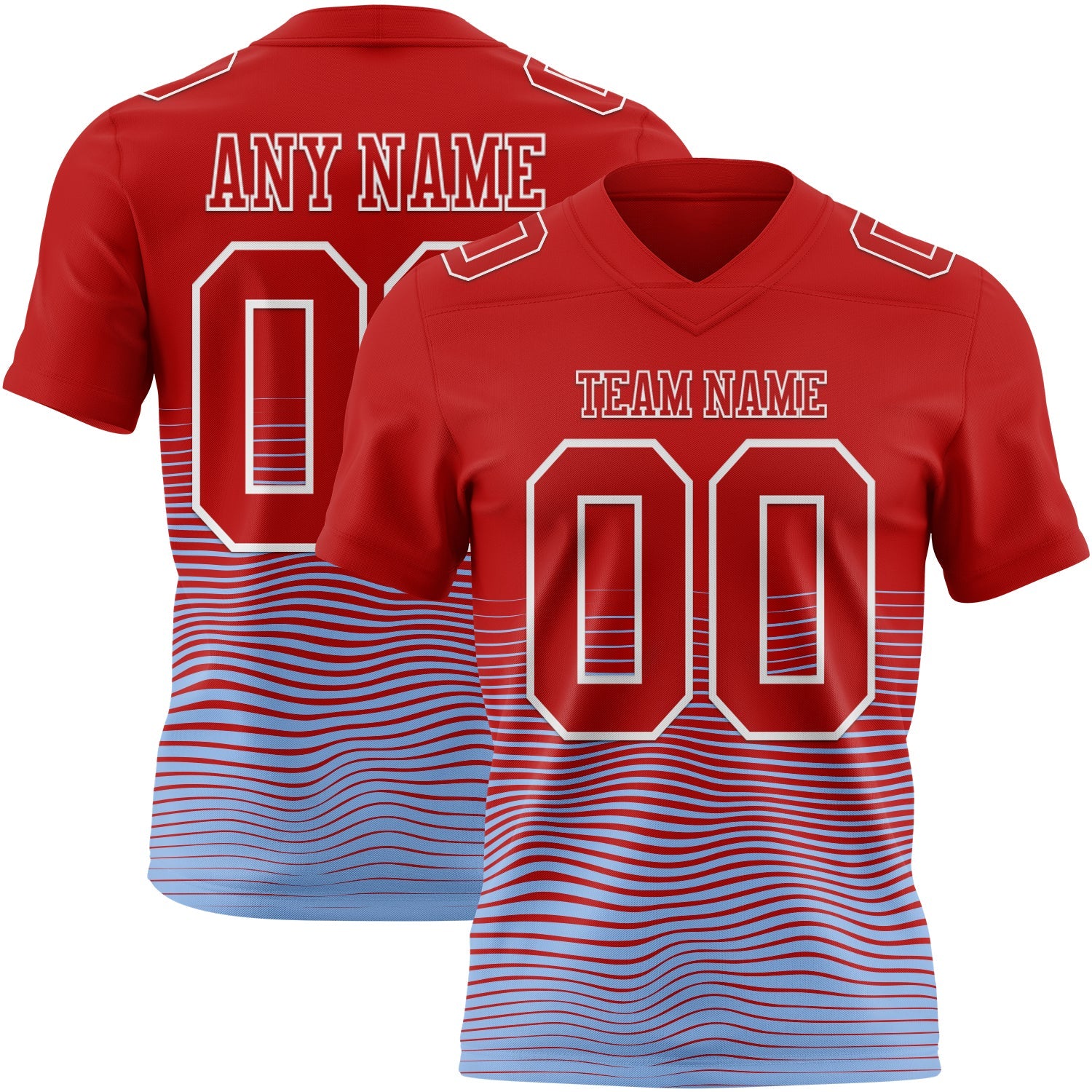 Custom Red Light Blue-White Authentic Fluid Wave Line Fade 7V7 Flag Football Jersey - Main View