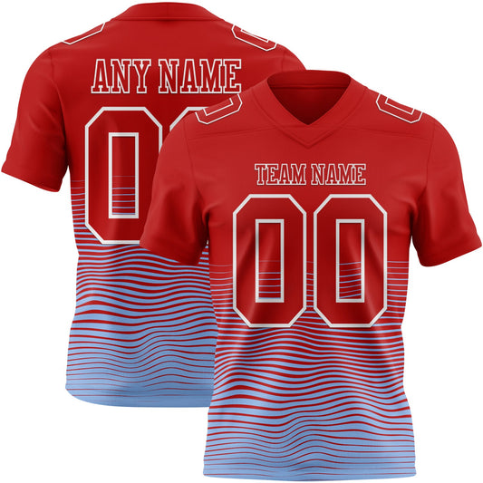 Custom Red Light Blue-White Authentic Fluid Wave Line Fade 7V7 Flag Football Jersey - Main View