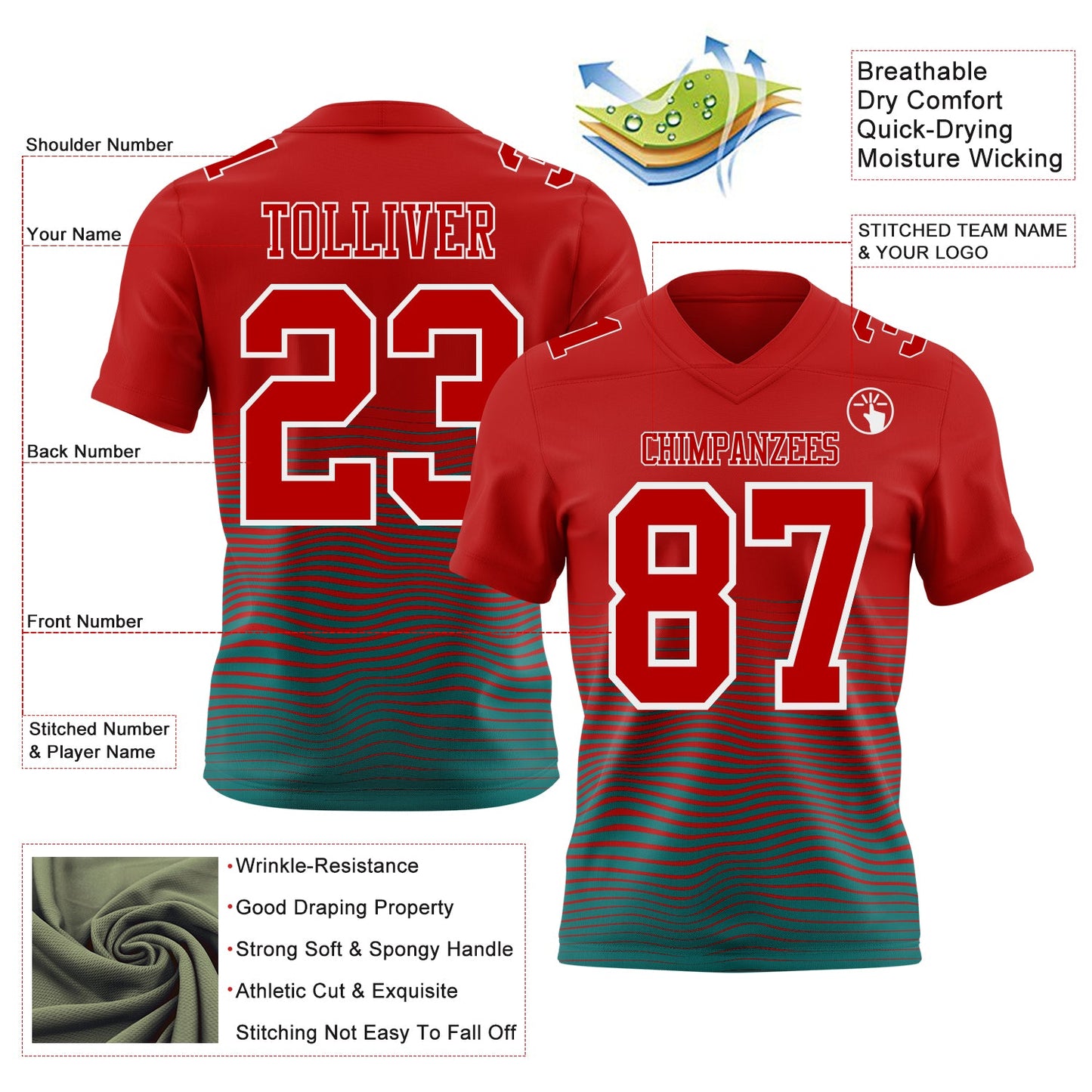 Custom Red Teal-White Authentic Fluid Wave Line Fade 7V7 Flag Football Jersey view 2