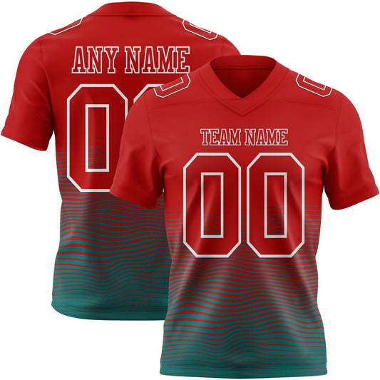 Custom Red Teal-White Authentic Fluid Wave Line Fade 7V7 Flag Football Jersey - Main View