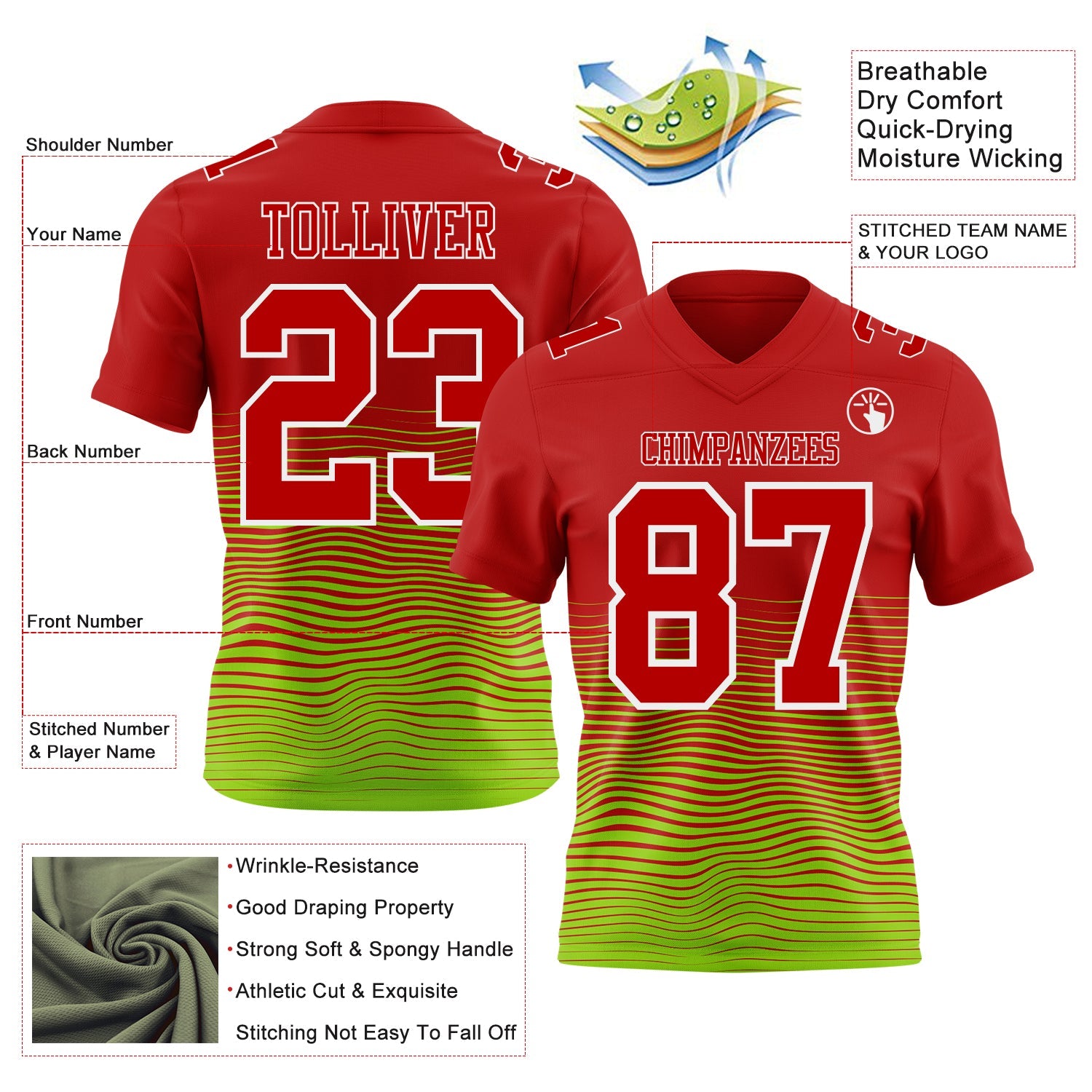 Custom Red Neon Green-White Authentic Fluid Wave Line Fade 7V7 Flag Football Jersey view 2