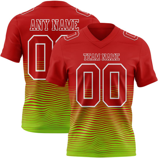 Custom Red Neon Green-White Authentic Fluid Wave Line Fade 7V7 Flag Football Jersey - Main View