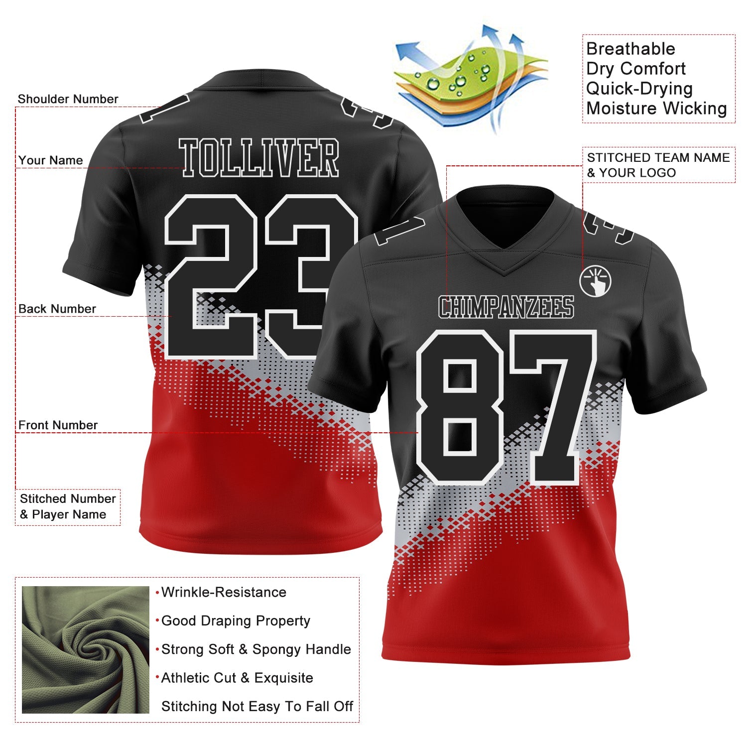 Custom Black Gray Red-White Authentic Geometric Gradient 7V7 Flag Football Jersey view 2