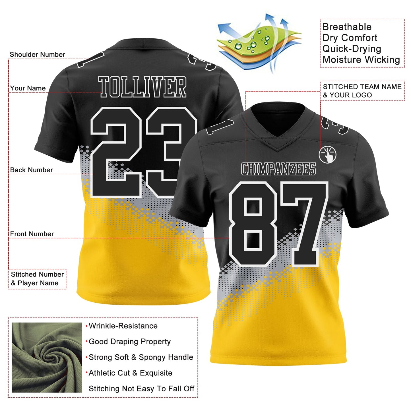 Custom Black Gray Yellow-White Authentic Geometric Gradient 7V7 Flag Football Jersey view 2