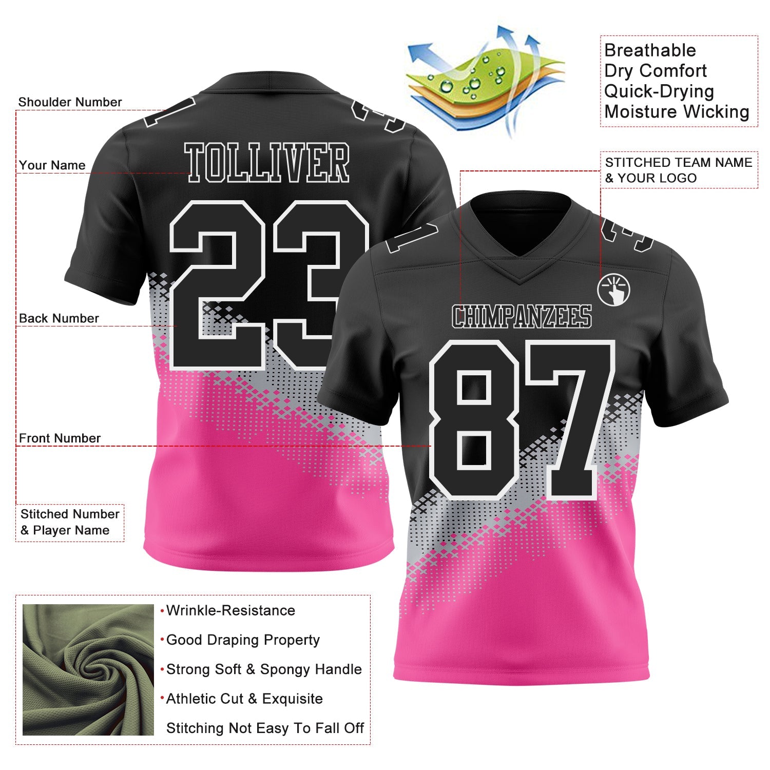 Custom Black Gray Pink-White Authentic Geometric Gradient 7V7 Flag Football Jersey view 2