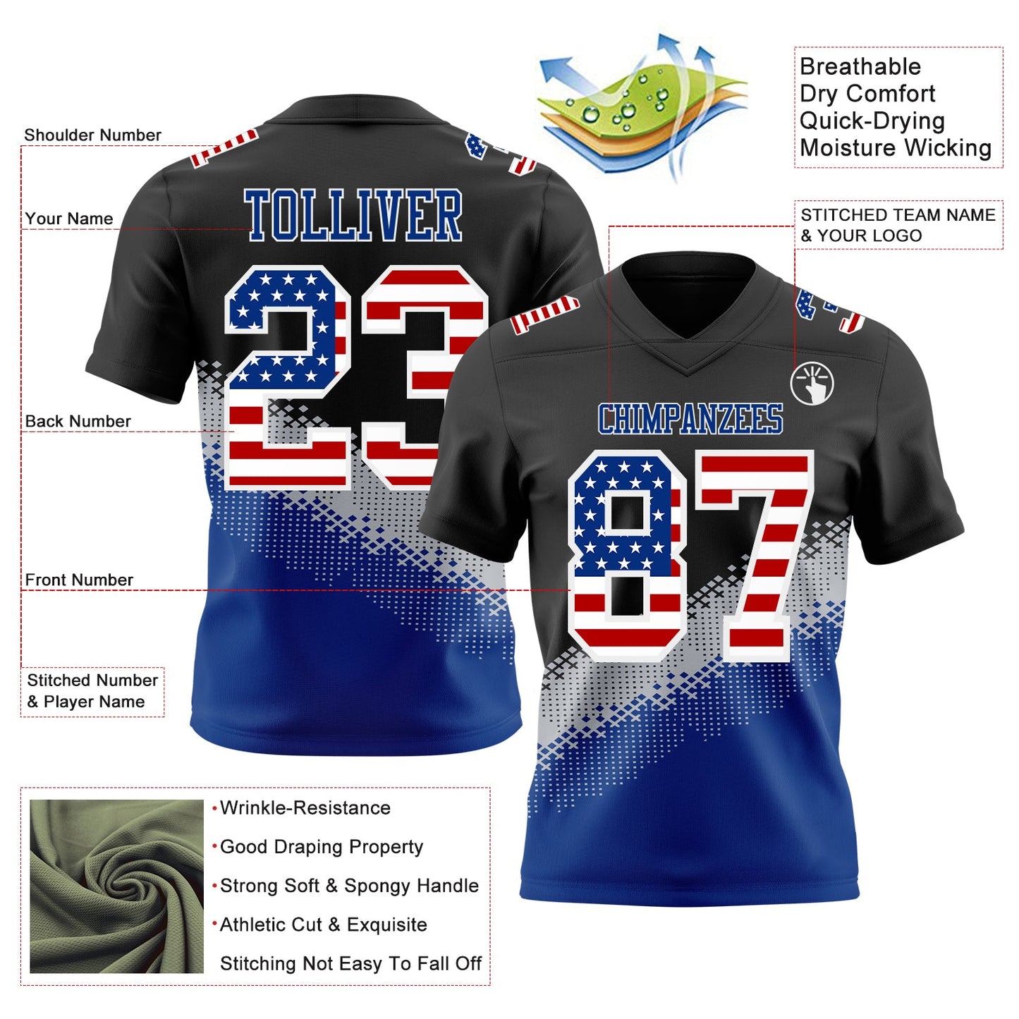 Custom Black USA Flag Gray Royal-White Authentic Geometric Gradient 7V7 Flag Football Jersey view 2