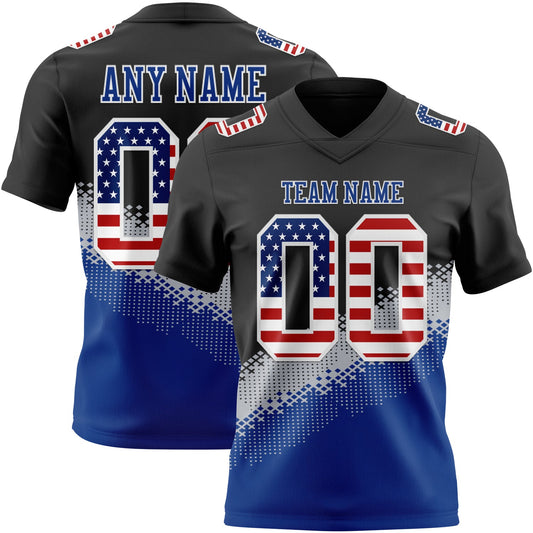 Custom Black USA Flag Gray Royal-White Authentic Geometric Gradient 7V7 Flag Football Jersey - Main View