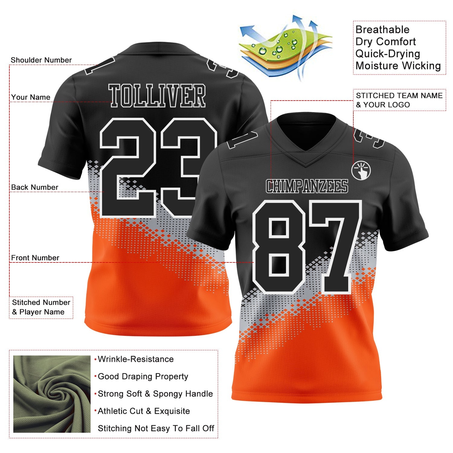 Custom Black Gray Orange-White Authentic Geometric Gradient 7V7 Flag Football Jersey view 2