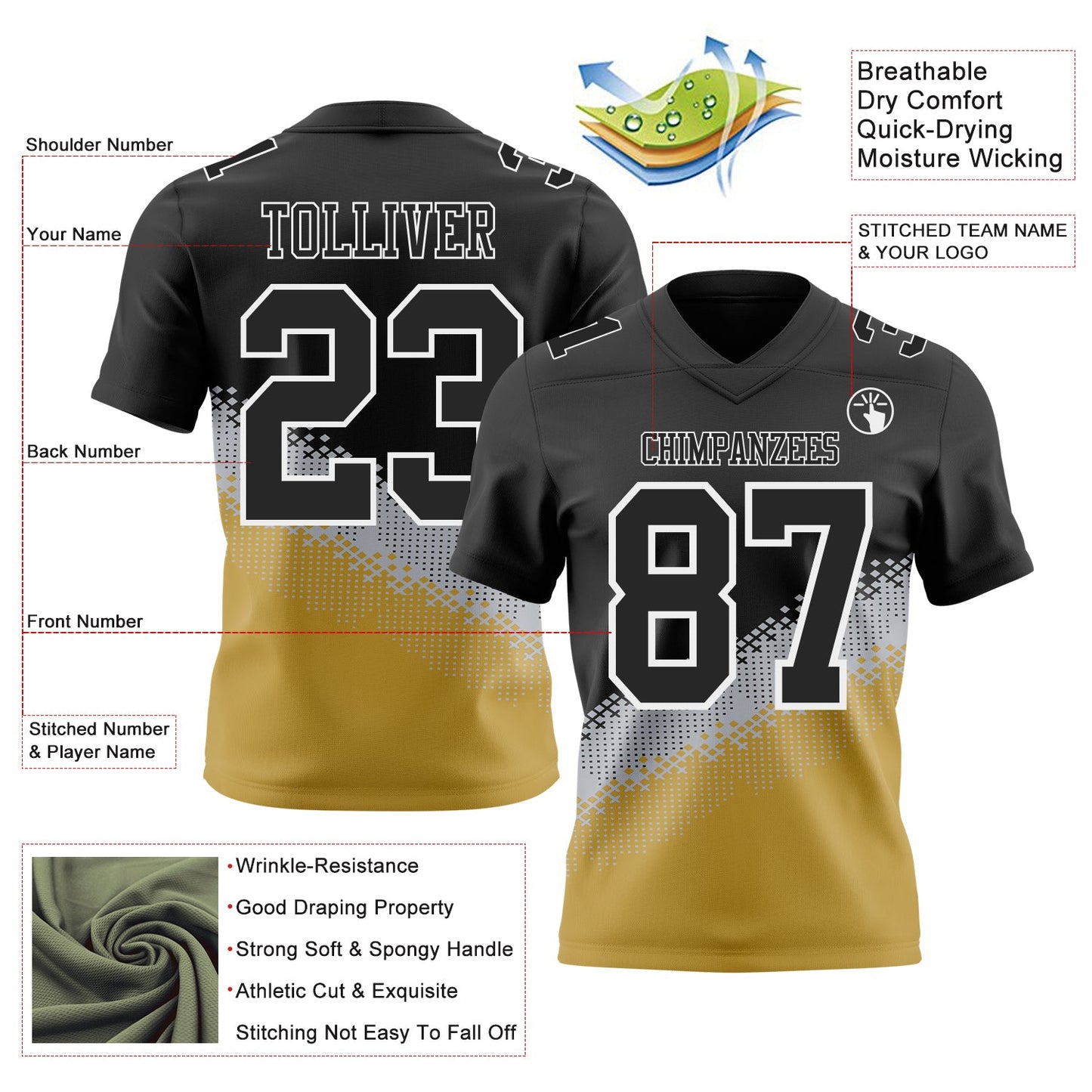 Custom Black Gray Old Gold-White Authentic Geometric Gradient 7V7 Flag Football Jersey view 2