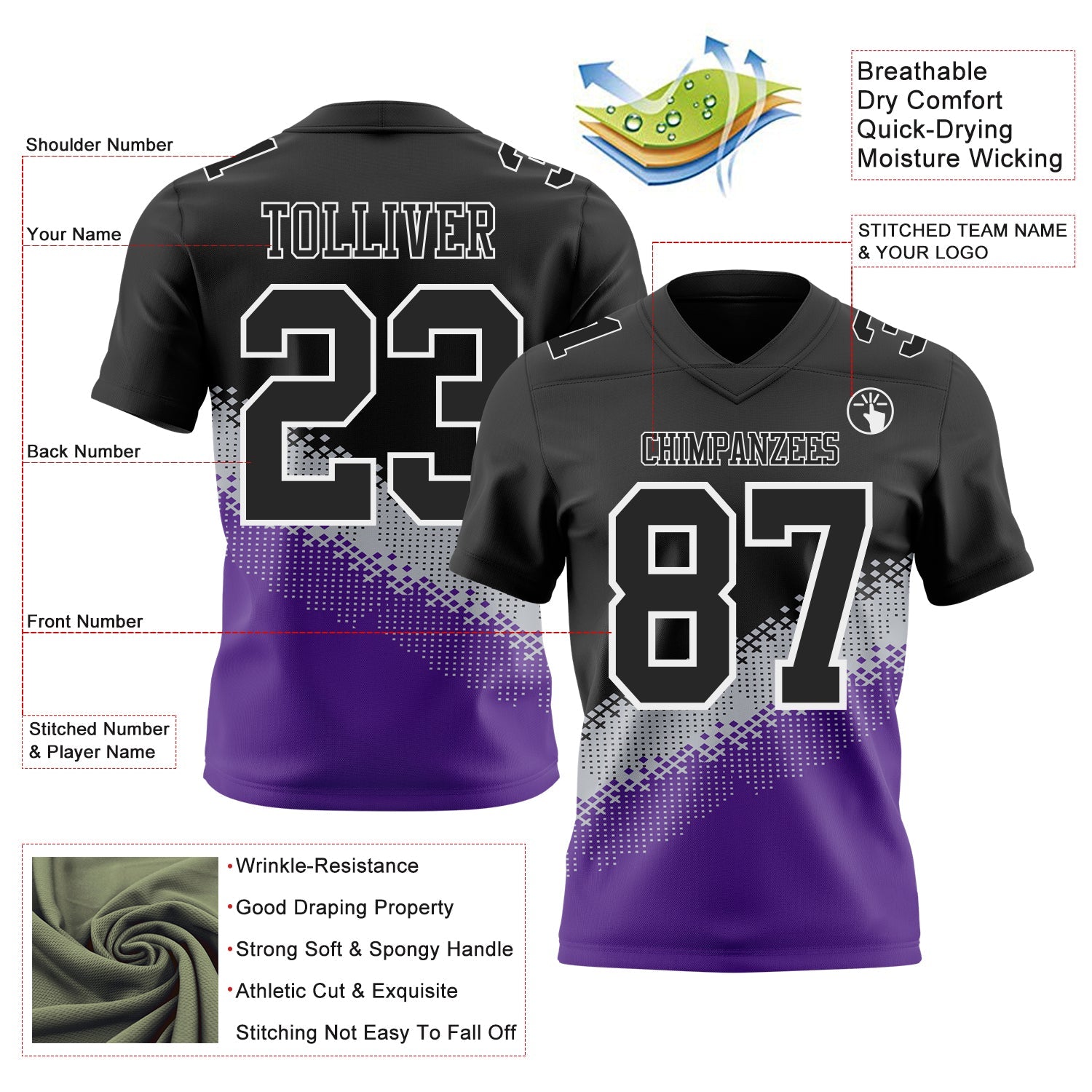 Custom Black Gray Purple-White Authentic Geometric Gradient 7V7 Flag Football Jersey view 2