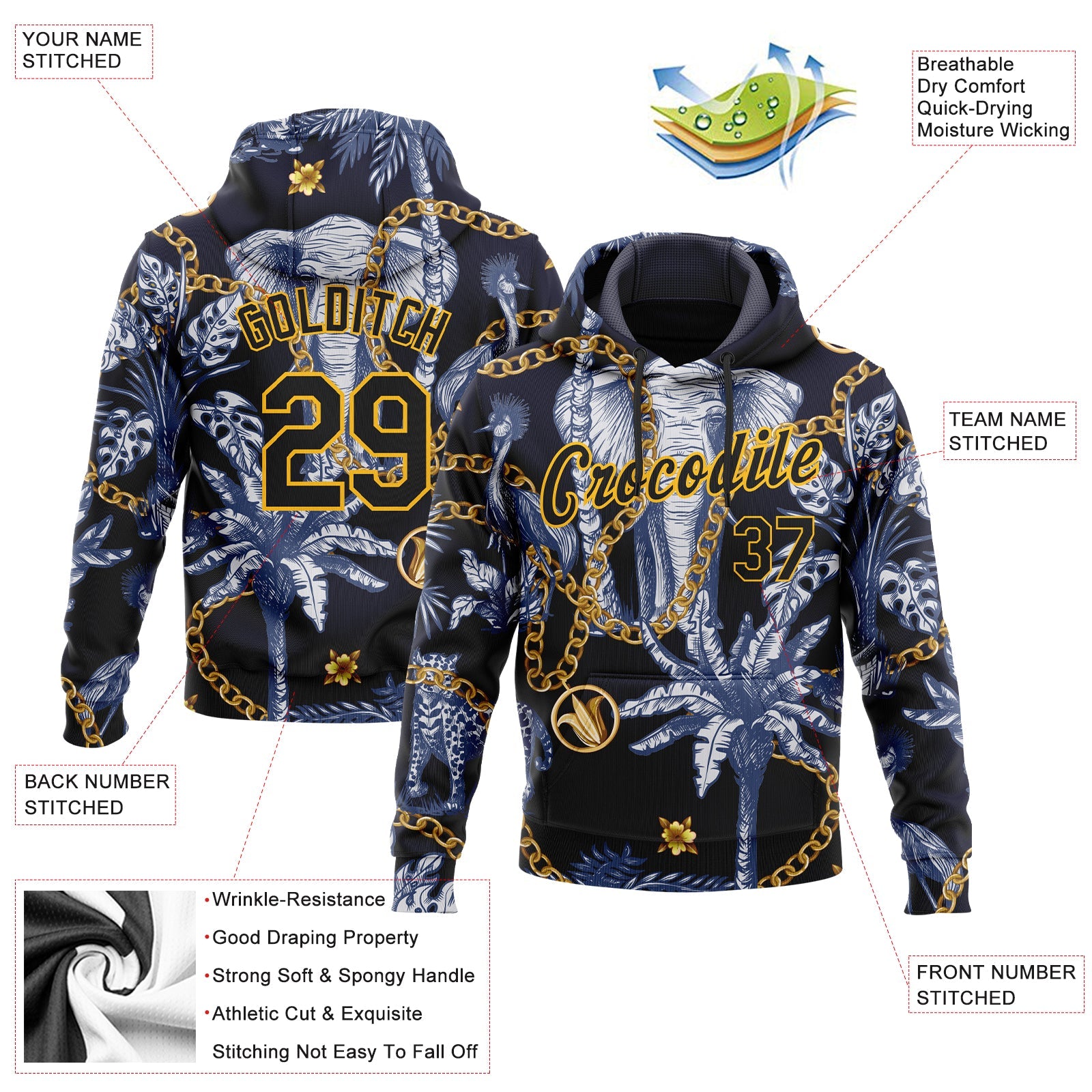 Custom Stitched Navy Black-Gold 3D Pattern Design Elephant And Tropical Palm Tree Sports Pullover Sweatshirt Hoodie view 2