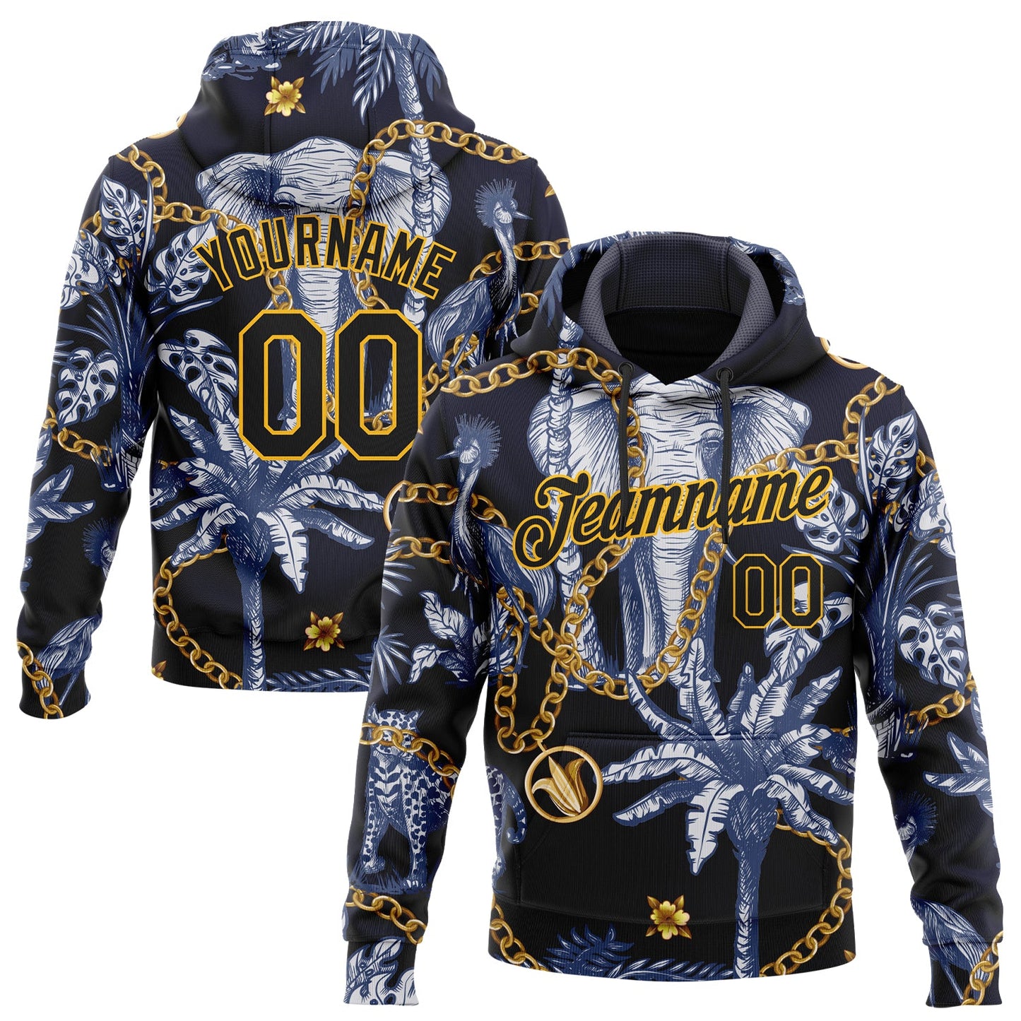 Custom Stitched Navy Black-Gold 3D Pattern Design Elephant And Tropical Palm Tree Sports Pullover Sweatshirt Hoodie - Main View