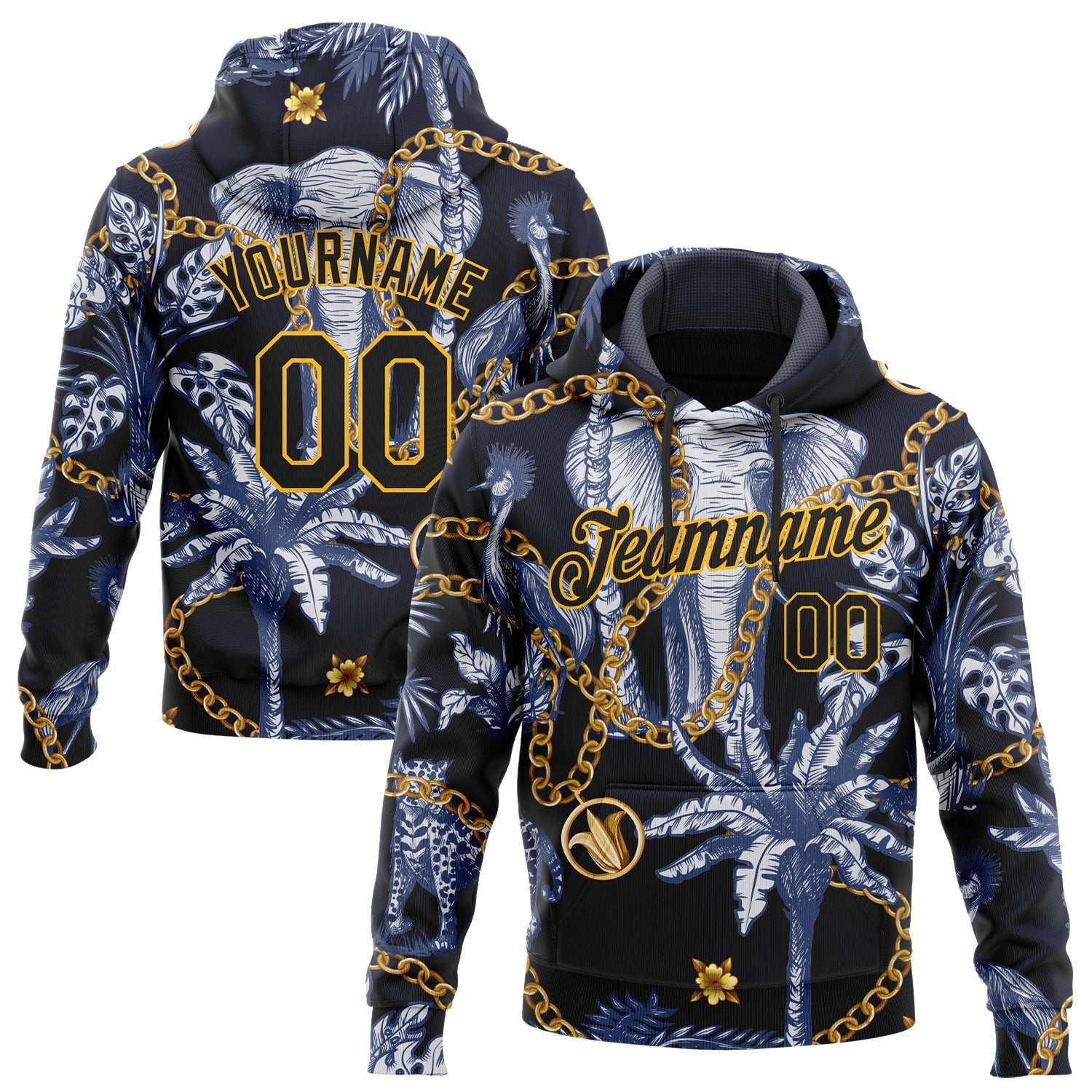 Custom Stitched Navy Black-Gold 3D Pattern Design Elephant And Tropical Palm Tree Sports Pullover Sweatshirt Hoodie - Main View