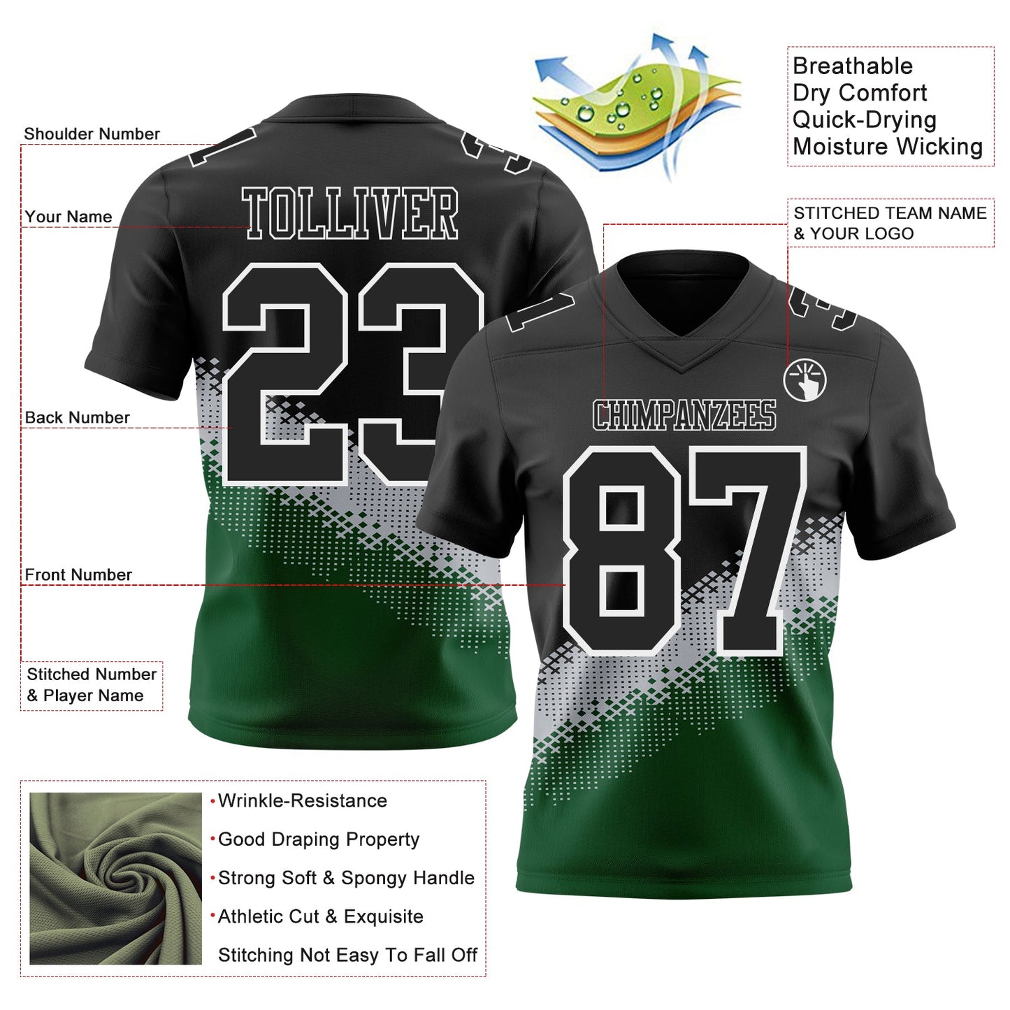 Custom Black Gray Green-White Authentic Geometric Gradient 7V7 Flag Football Jersey view 2