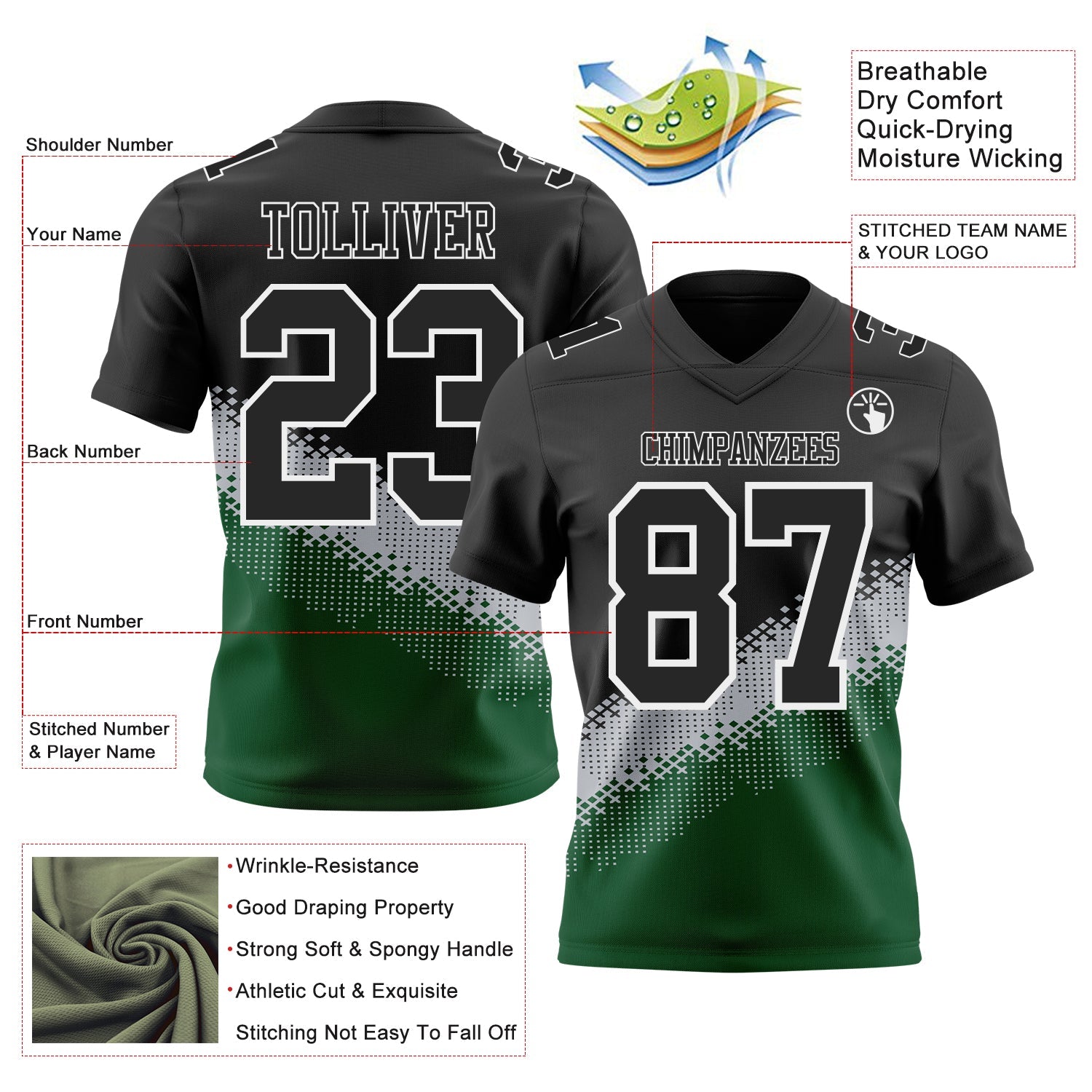 Custom Black Gray Green-White Authentic Geometric Gradient 7V7 Flag Football Jersey view 2