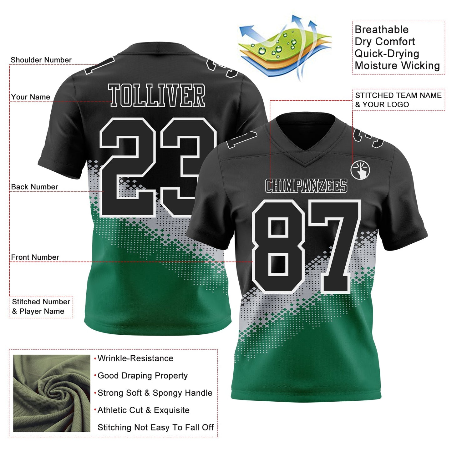 Custom Black Gray Kelly Green-White Authentic Geometric Gradient 7V7 Flag Football Jersey view 2