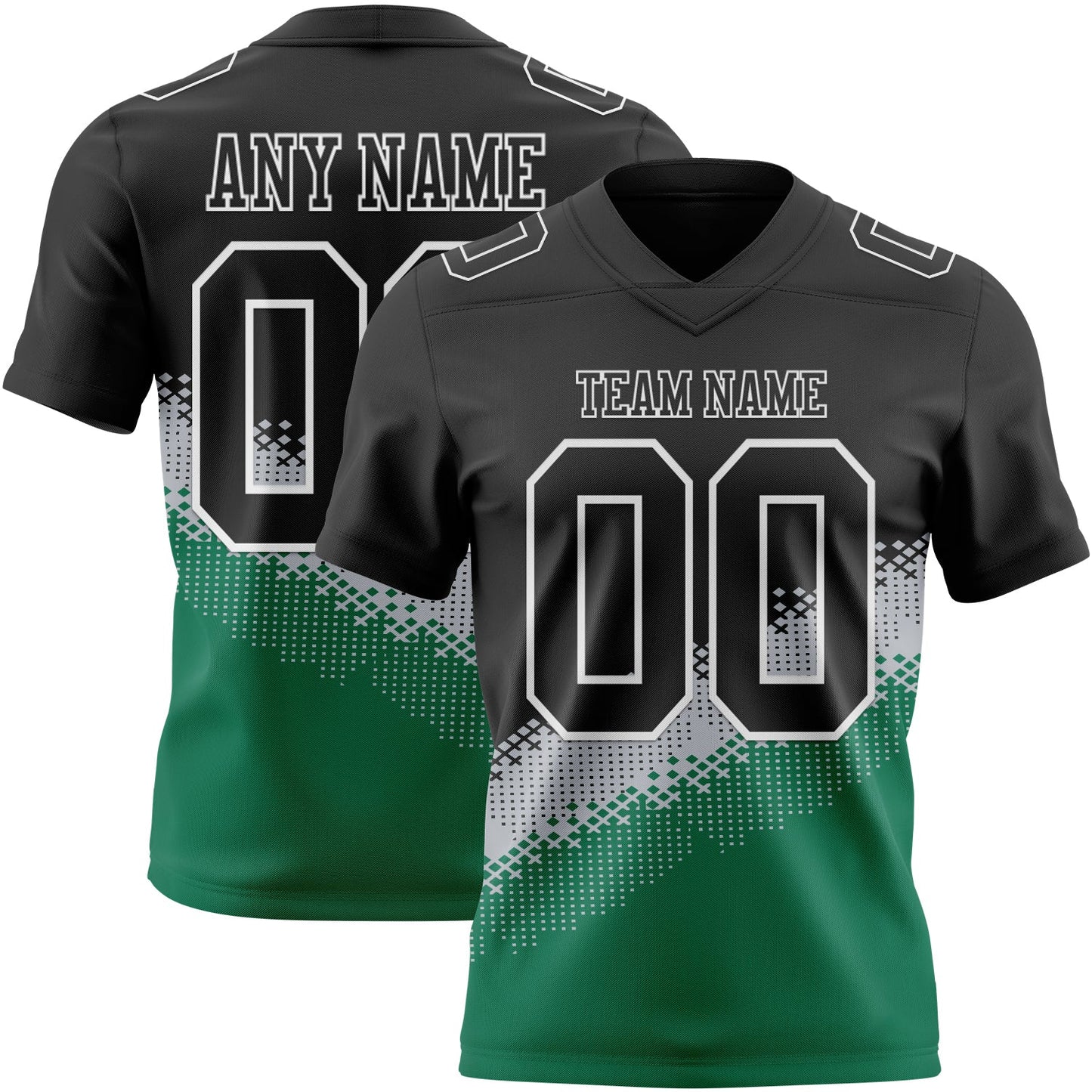 Custom Black Gray Kelly Green-White Authentic Geometric Gradient 7V7 Flag Football Jersey - Main View