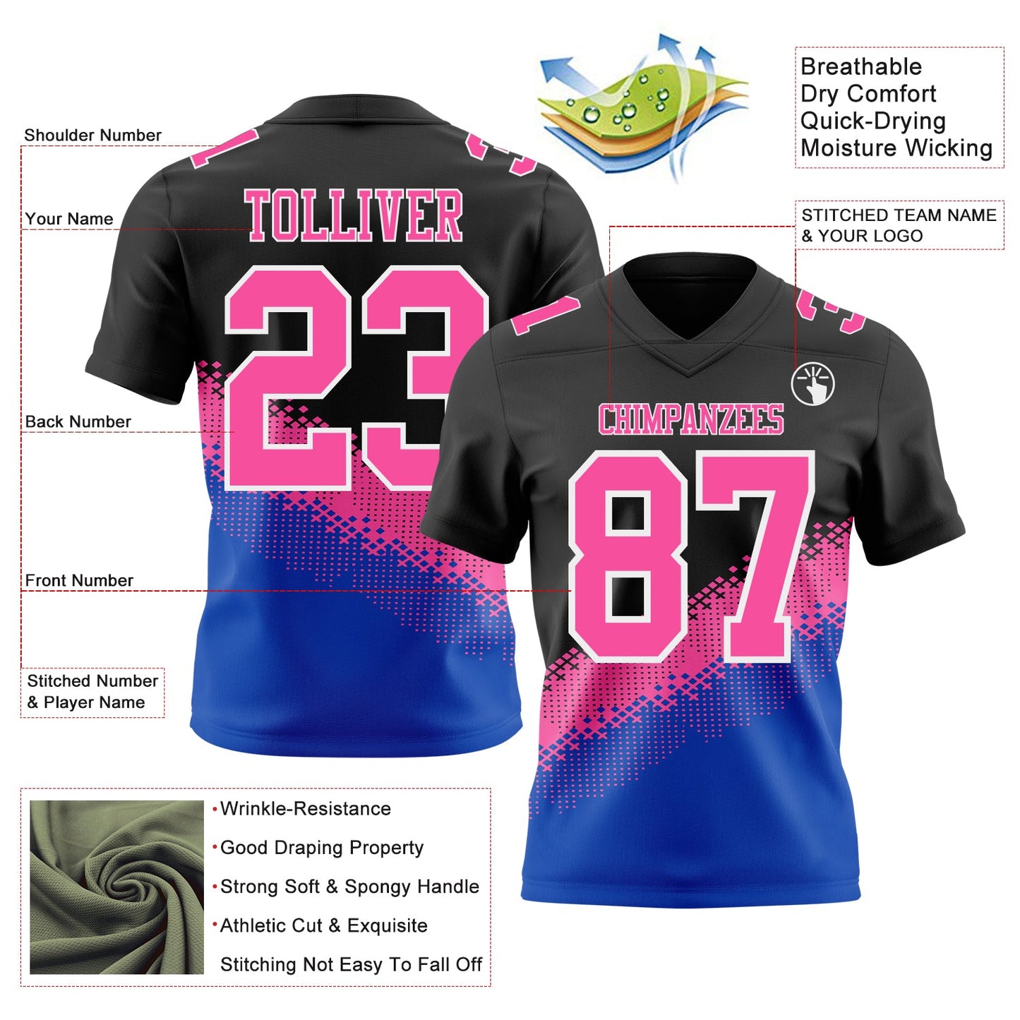 Custom Black Pink Thunder Blue-White Authentic Geometric Gradient 7V7 Flag Football Jersey view 2
