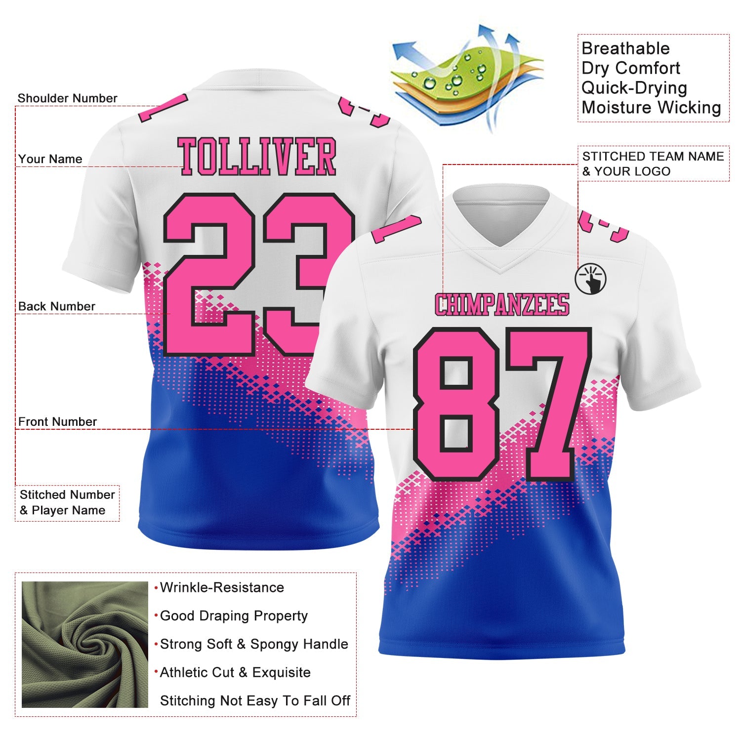 Custom White Pink Thunder Blue-Black Authentic Geometric Gradient 7V7 Flag Football Jersey view 2