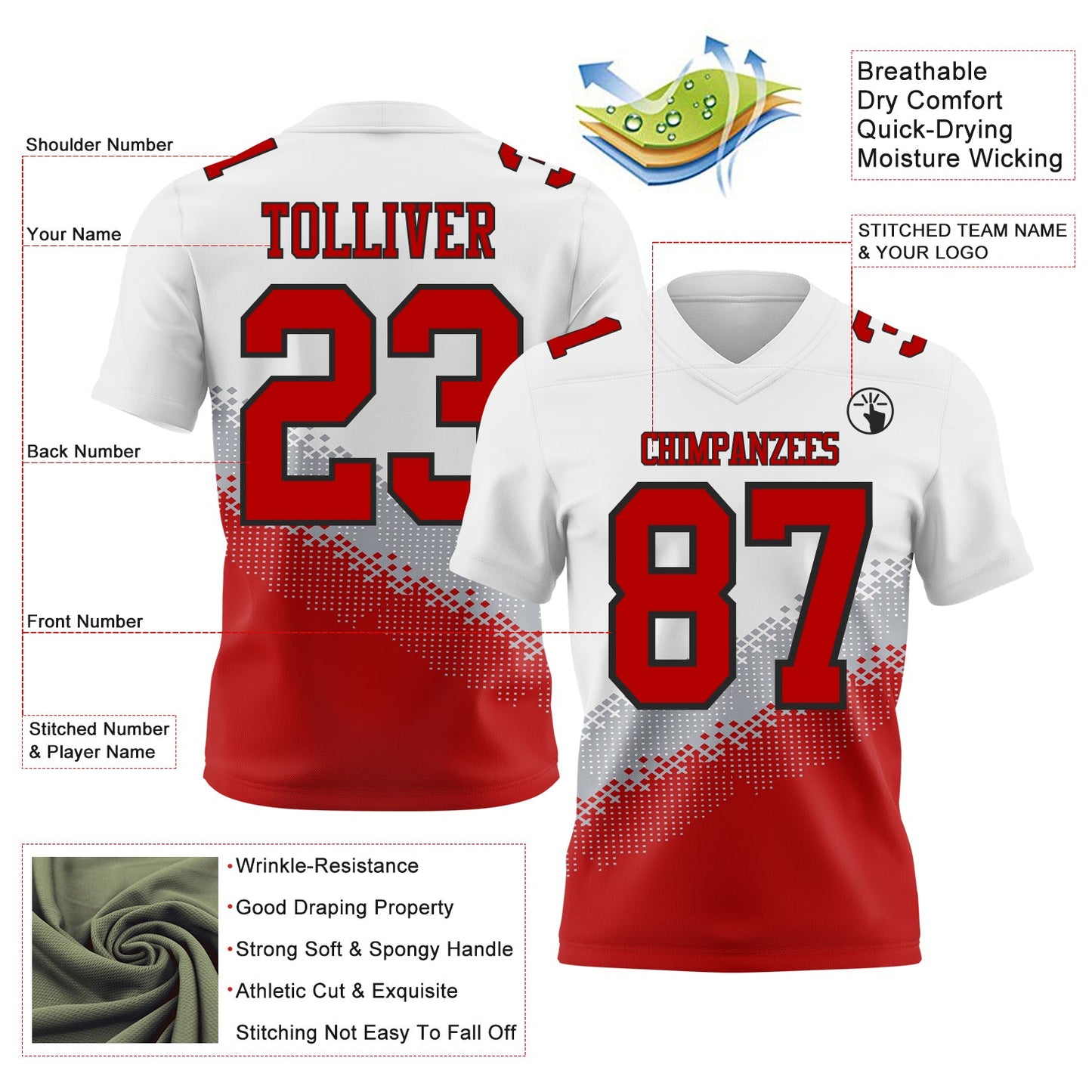 Custom White Red Gray-Black Authentic Geometric Gradient 7V7 Flag Football Jersey view 2