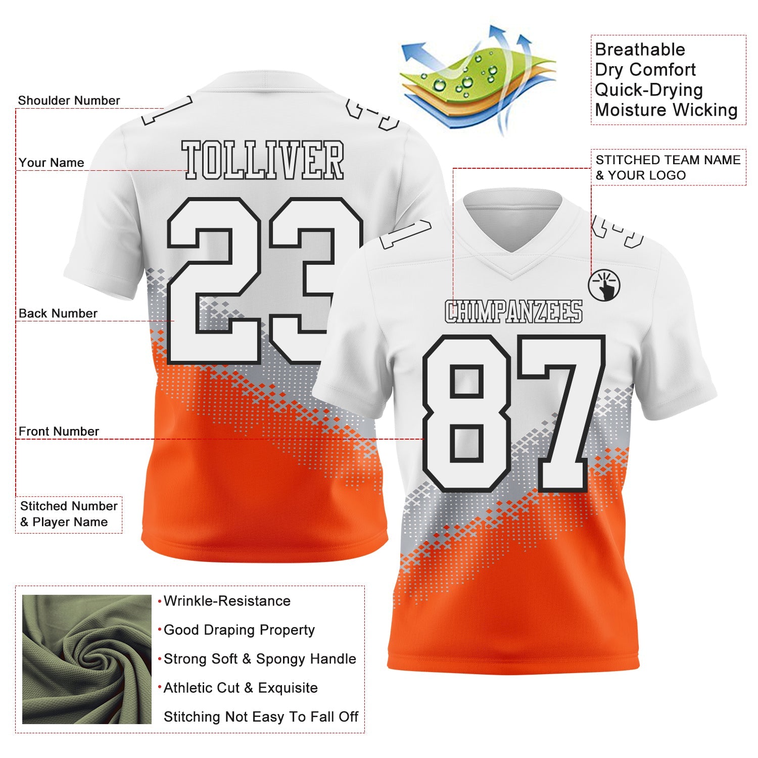 Custom White Gray Orange-Black Authentic Geometric Gradient 7V7 Flag Football Jersey view 2