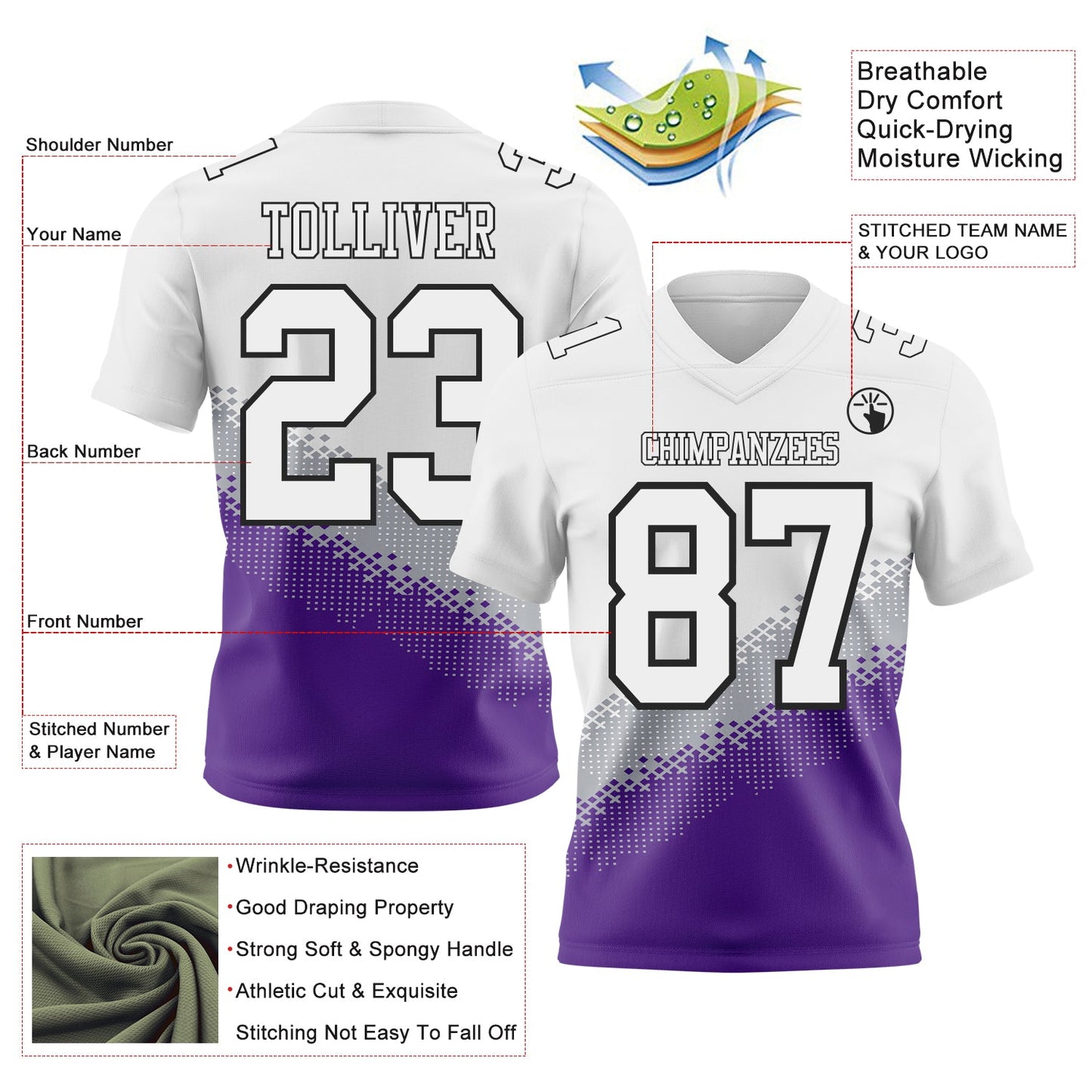 Custom White Gray Purple-Black Authentic Geometric Gradient 7V7 Flag Football Jersey view 2