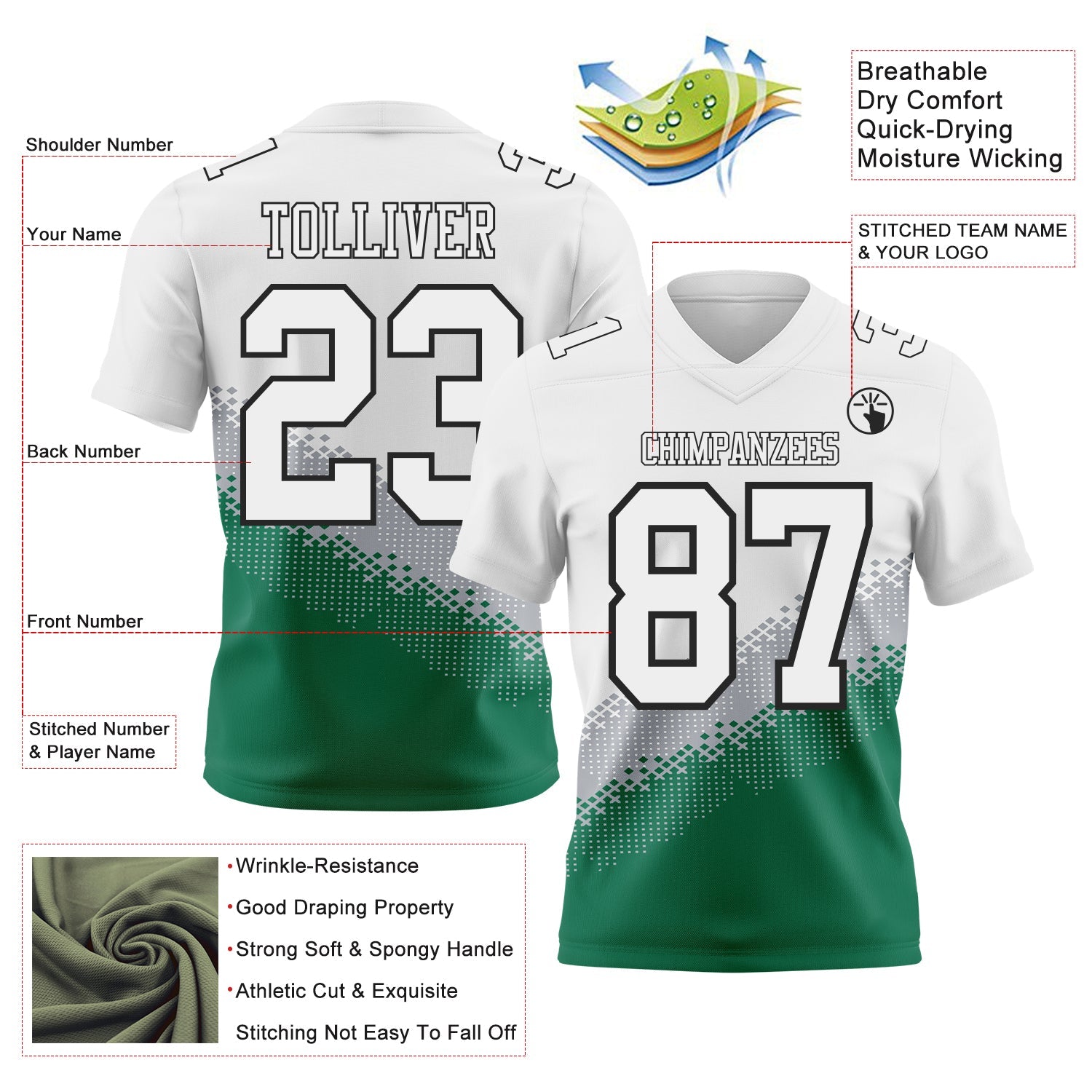 Custom White Gray Kelly Green-Black Authentic Geometric Gradient 7V7 Flag Football Jersey view 2
