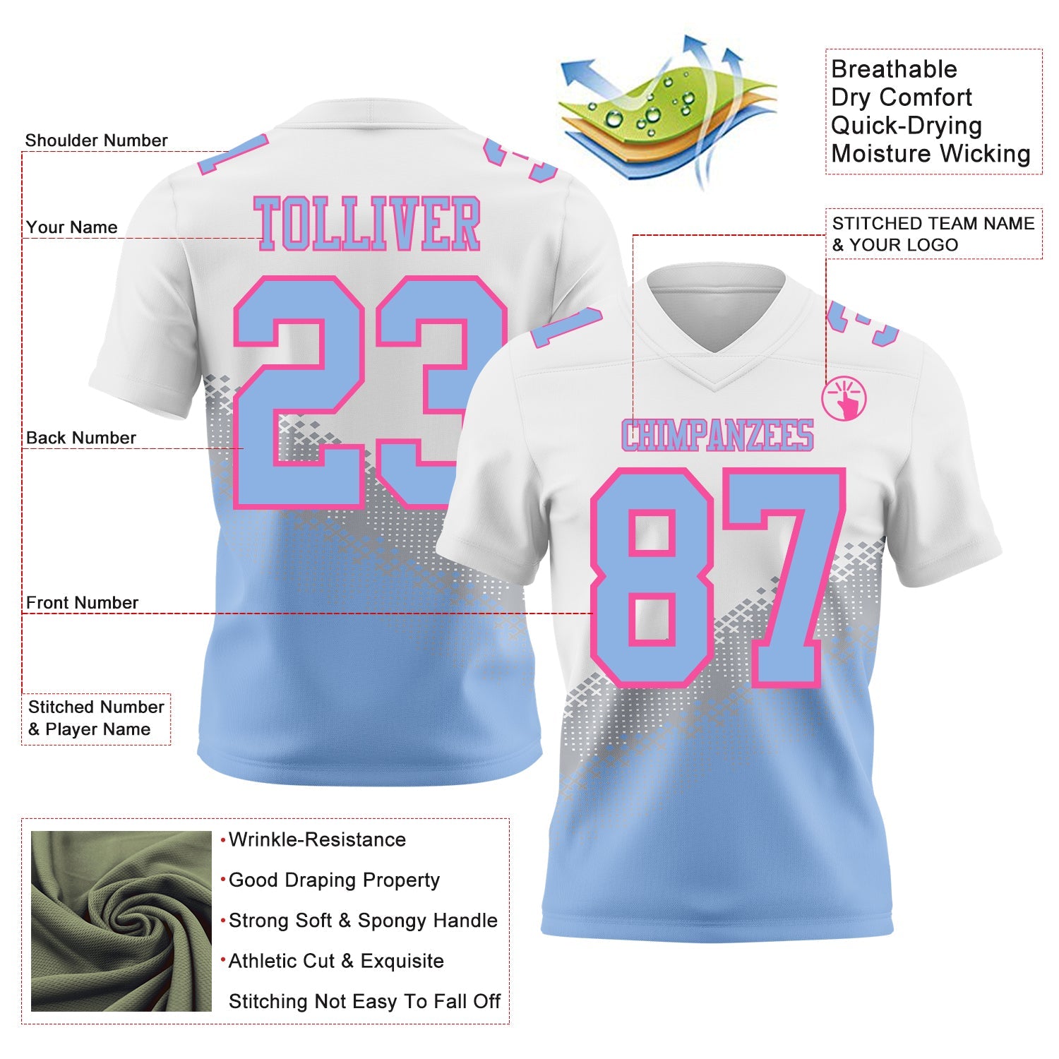 Custom White Light Blue Gray-Pink Authentic Geometric Gradient 7V7 Flag Football Jersey view 2