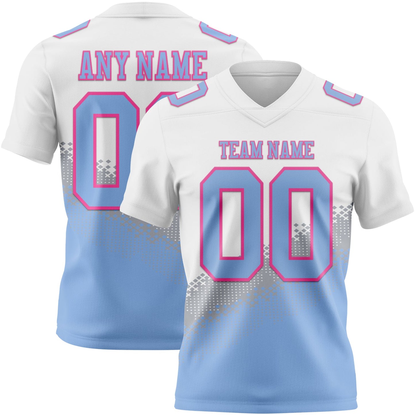 Custom White Light Blue Gray-Pink Authentic Geometric Gradient 7V7 Flag Football Jersey - Main View