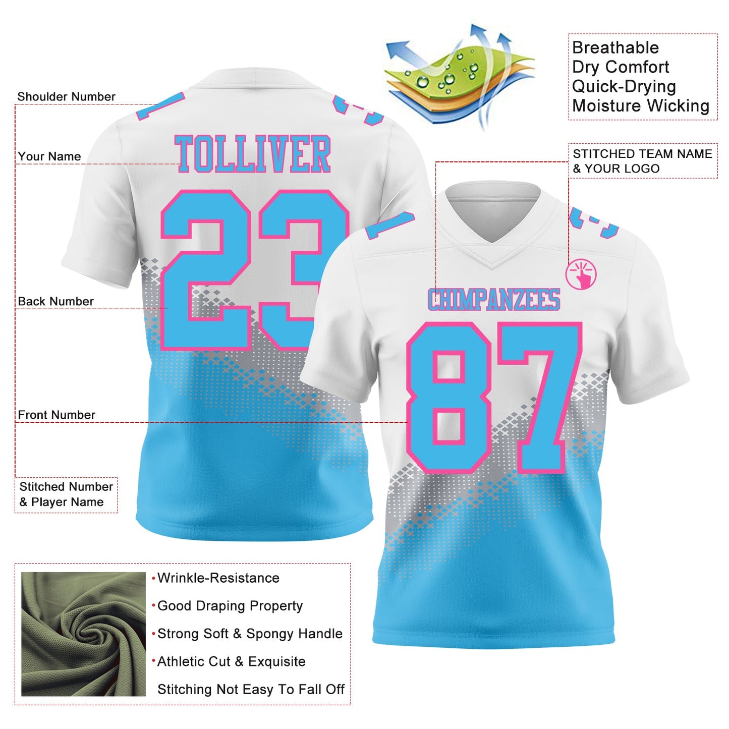 Custom White Sky Blue Gray-Pink Authentic Geometric Gradient 7V7 Flag Football Jersey view 2