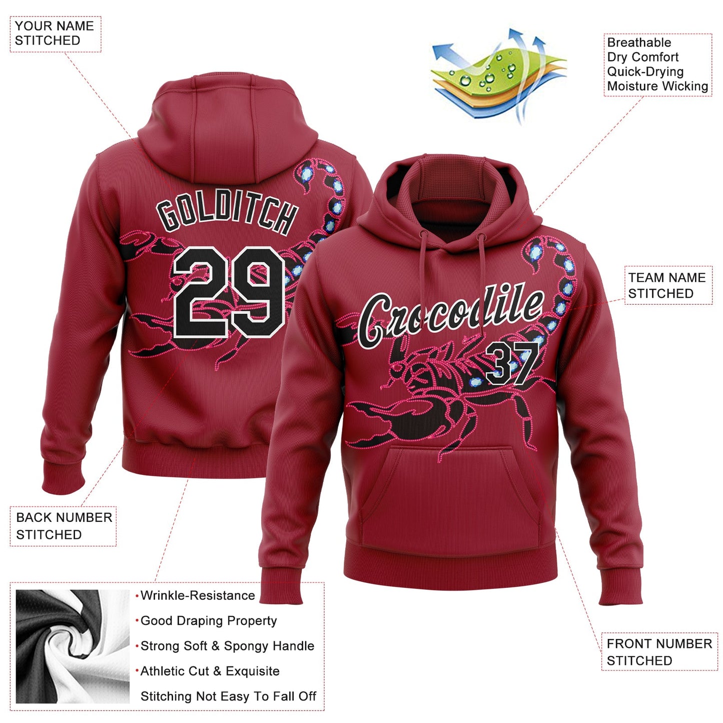 Custom Stitched Cardinal Black-White 3D Pattern Design Scorpio Sports Pullover Sweatshirt Hoodie view 2