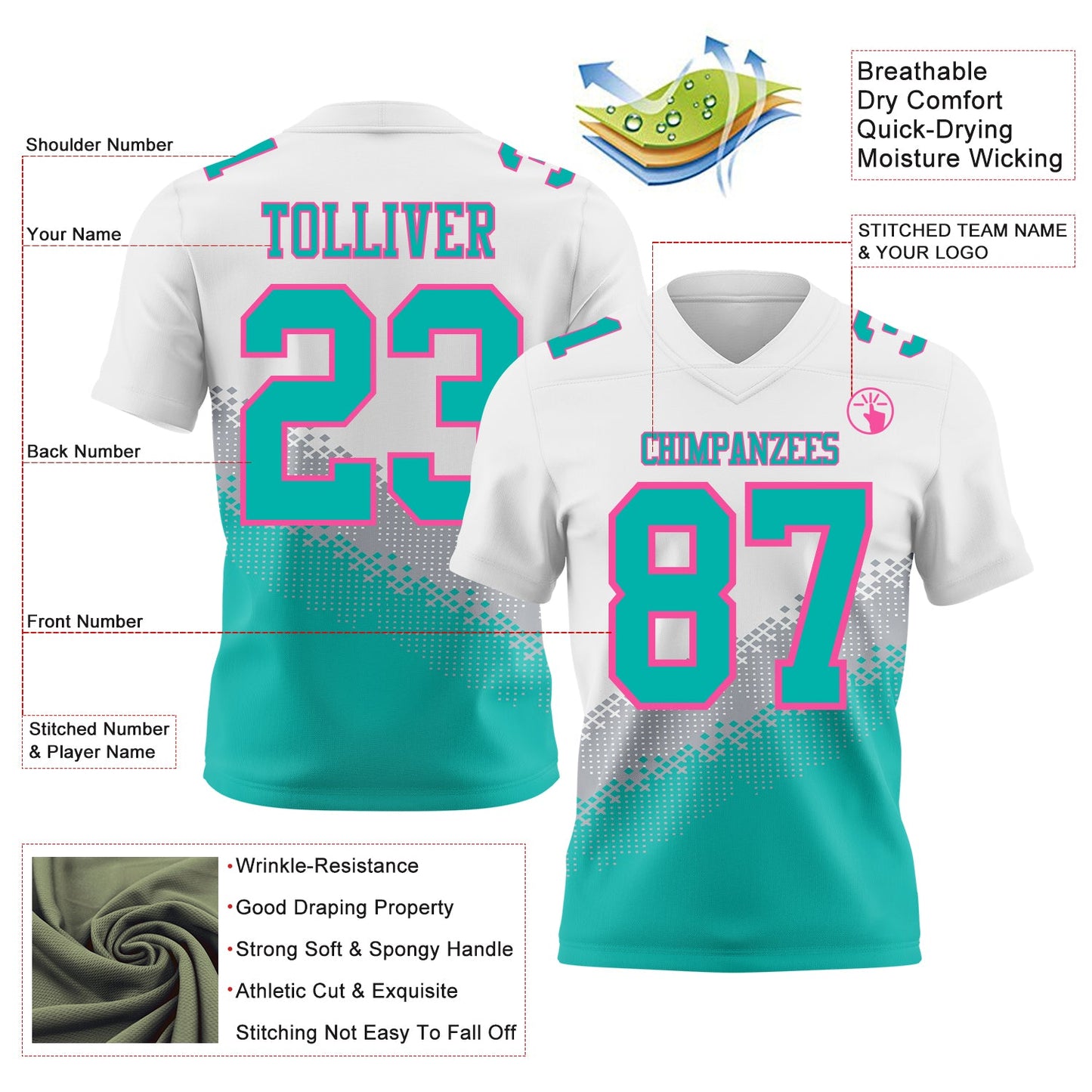Custom White Aqua Gray-Pink Authentic Geometric Gradient 7V7 Flag Football Jersey view 2