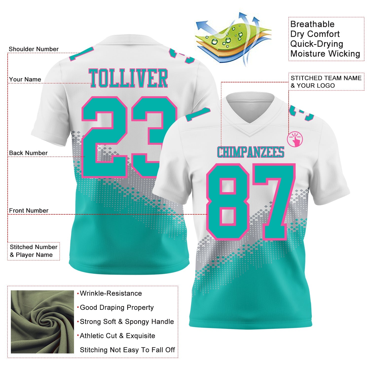 Custom White Aqua Gray-Pink Authentic Geometric Gradient 7V7 Flag Football Jersey view 2