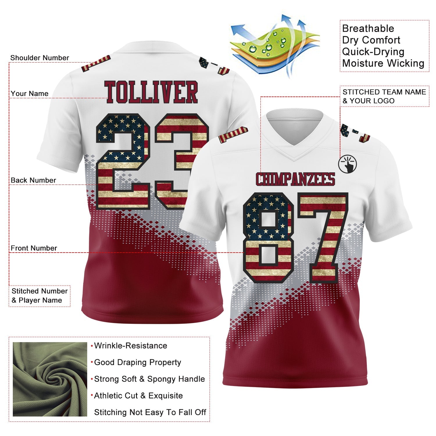 Custom White Vintage USA Flag Gray Crimson-Black Authentic Geometric Gradient 7V7 Flag Football Jersey view 2
