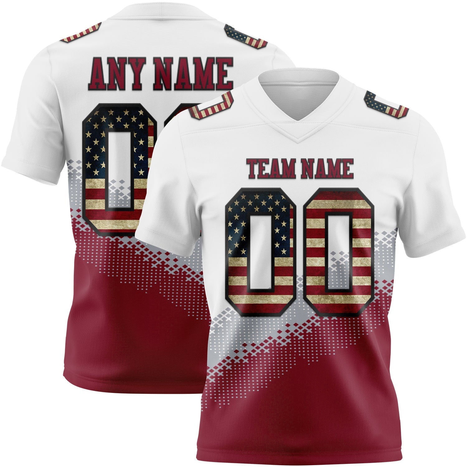 Custom White Vintage USA Flag Gray Crimson-Black Authentic Geometric Gradient 7V7 Flag Football Jersey - Main View