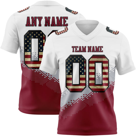 Custom White Vintage USA Flag Gray Crimson-Black Authentic Geometric Gradient 7V7 Flag Football Jersey - Main View