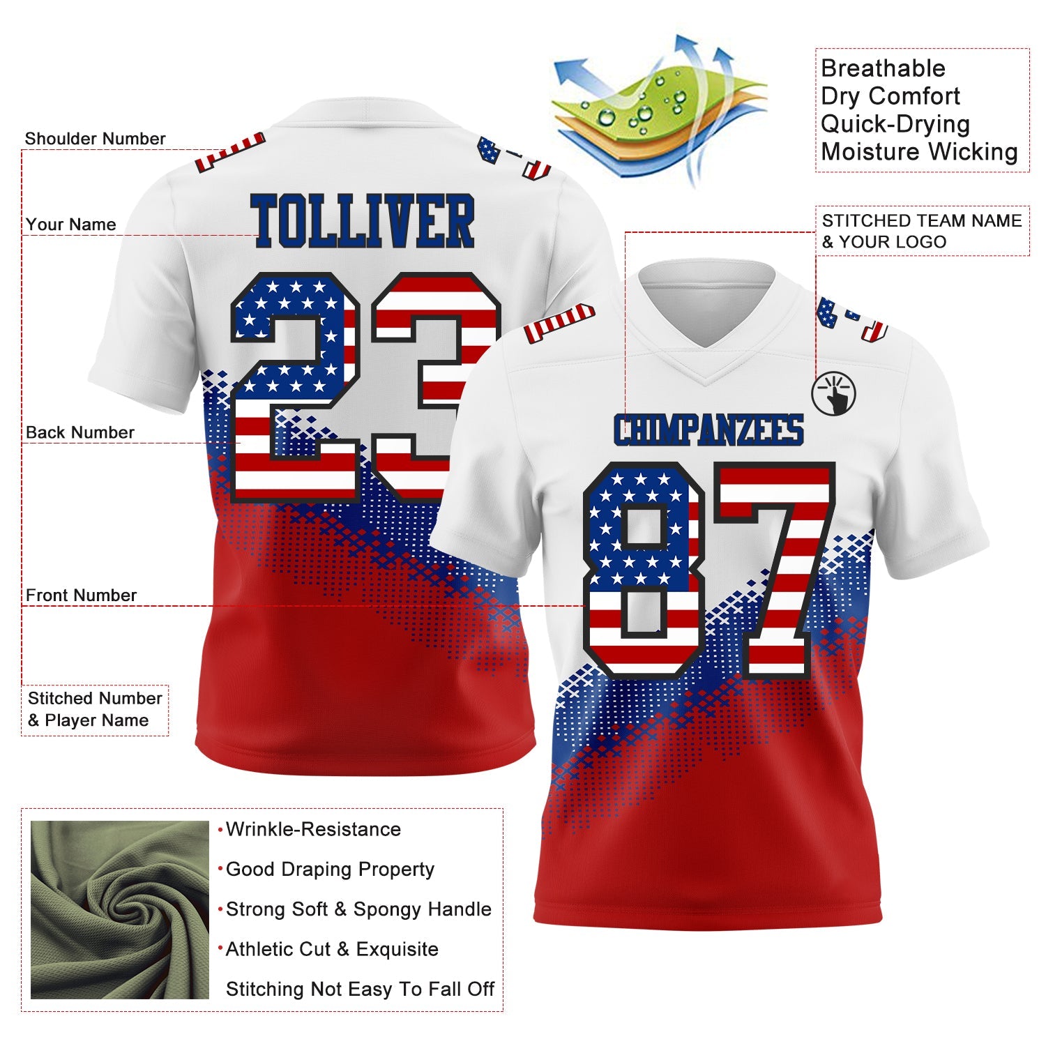 Custom White USA Flag Royal Red-Black Authentic Geometric Gradient 7V7 Flag Football Jersey view 2