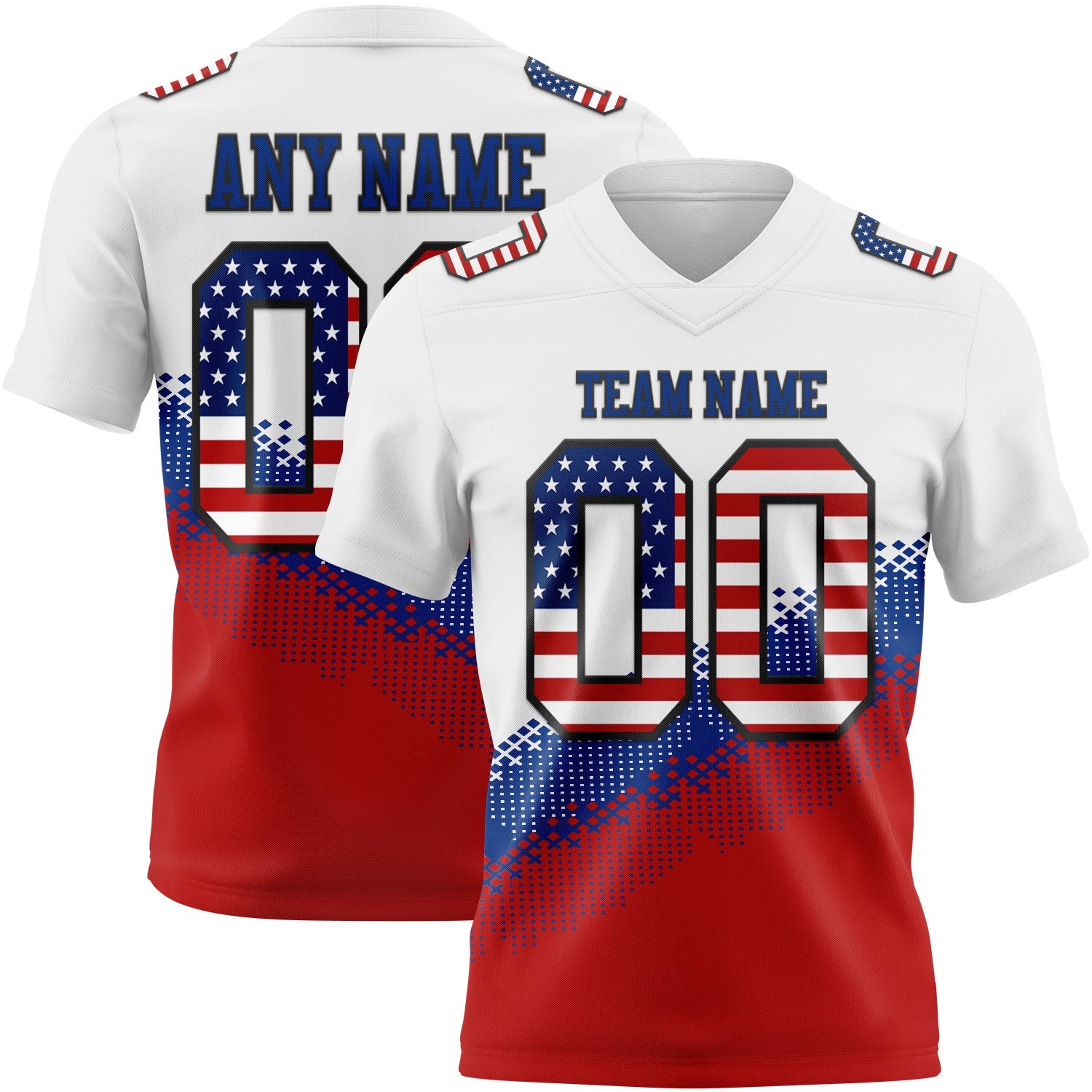 Custom White USA Flag Royal Red-Black Authentic Geometric Gradient 7V7 Flag Football Jersey - Main View