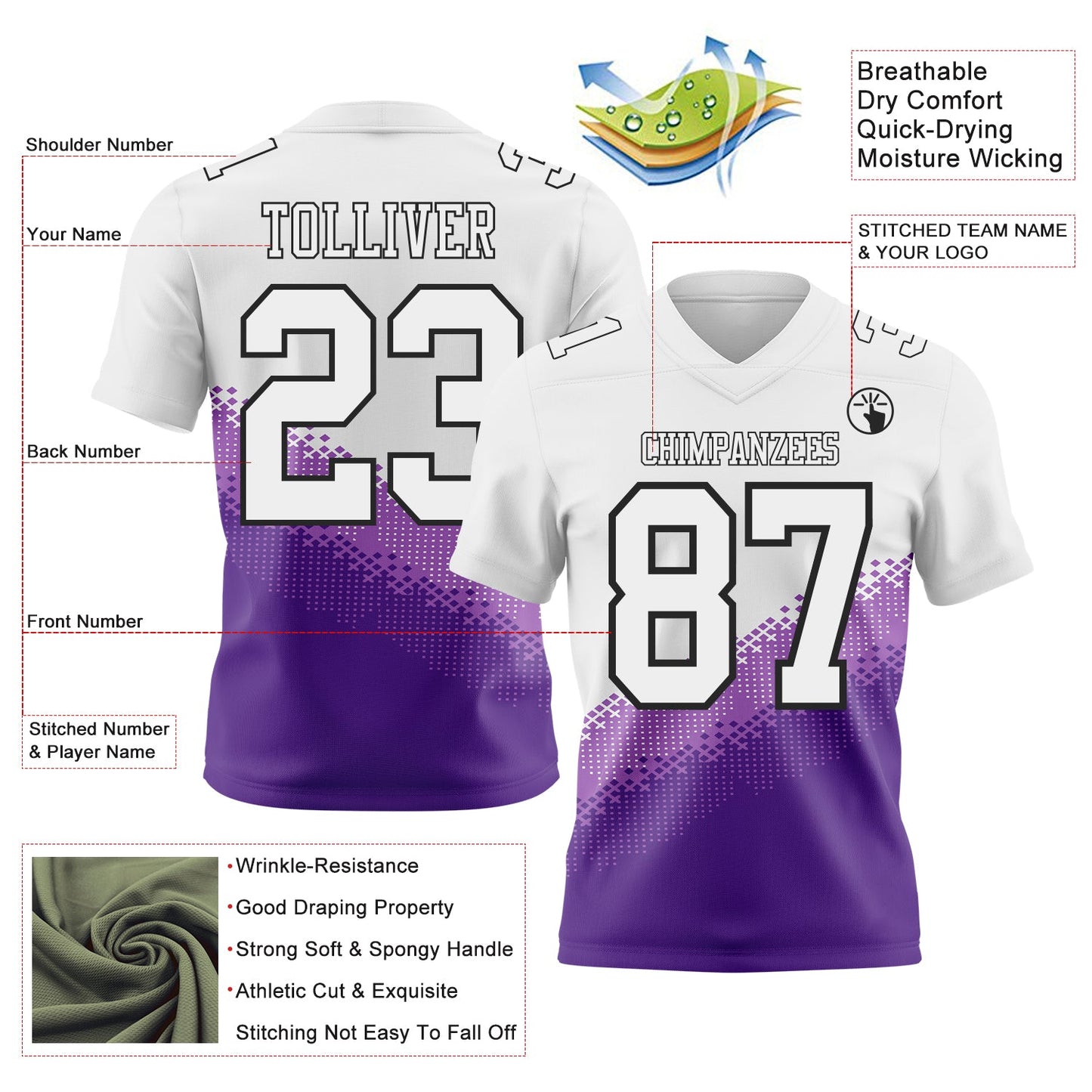Custom White Medium Purple Purple-Black Authentic Geometric Gradient 7V7 Flag Football Jersey view 2