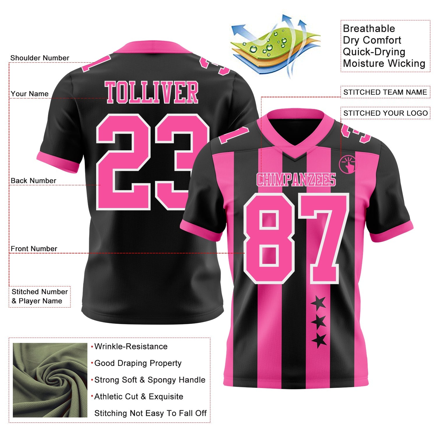 Custom Black Pink-White Authentic Stars And Stripes 7V7 Flag Football Jersey view 2