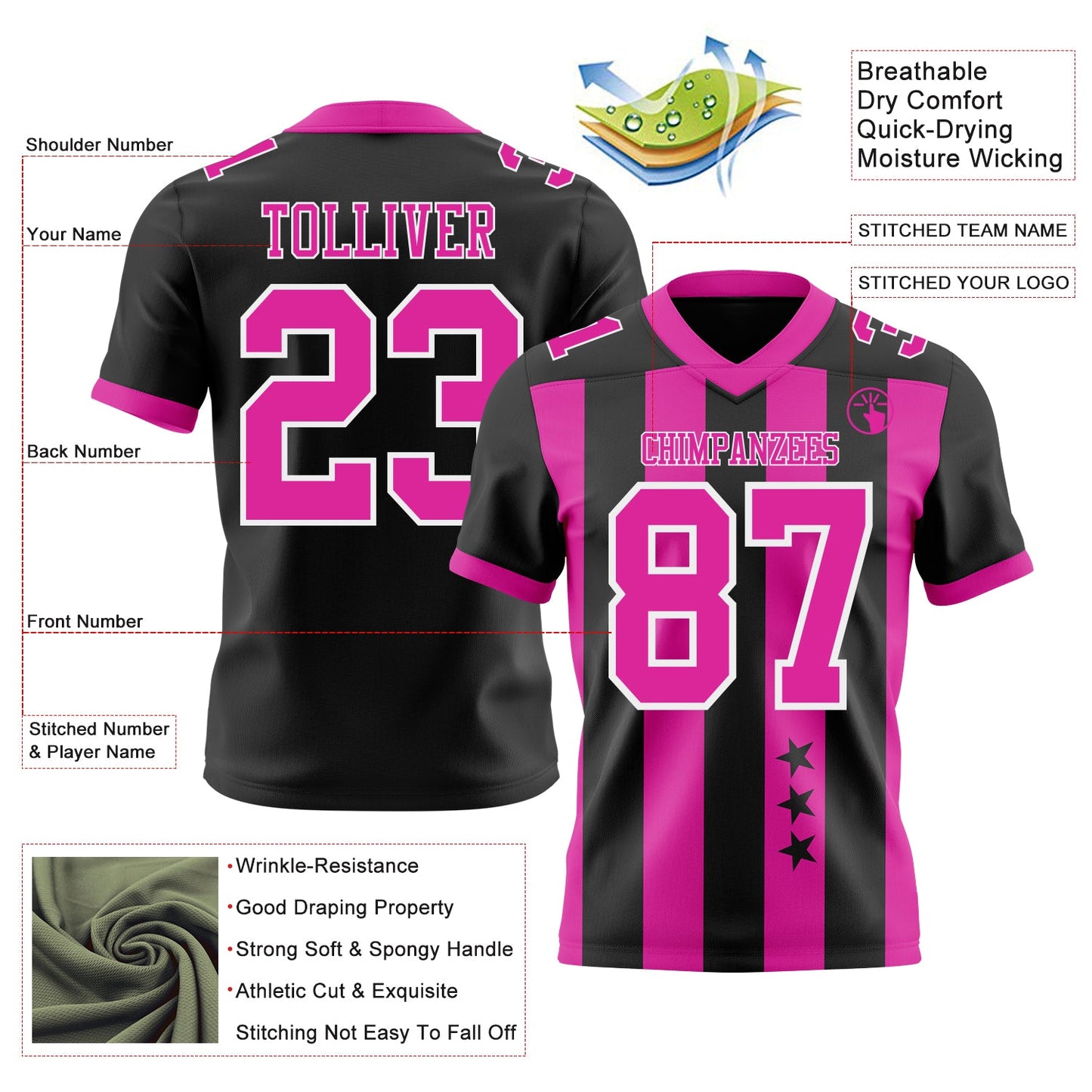 Custom Black Deep Pink-White Authentic Stars And Stripes 7V7 Flag Football Jersey view 2
