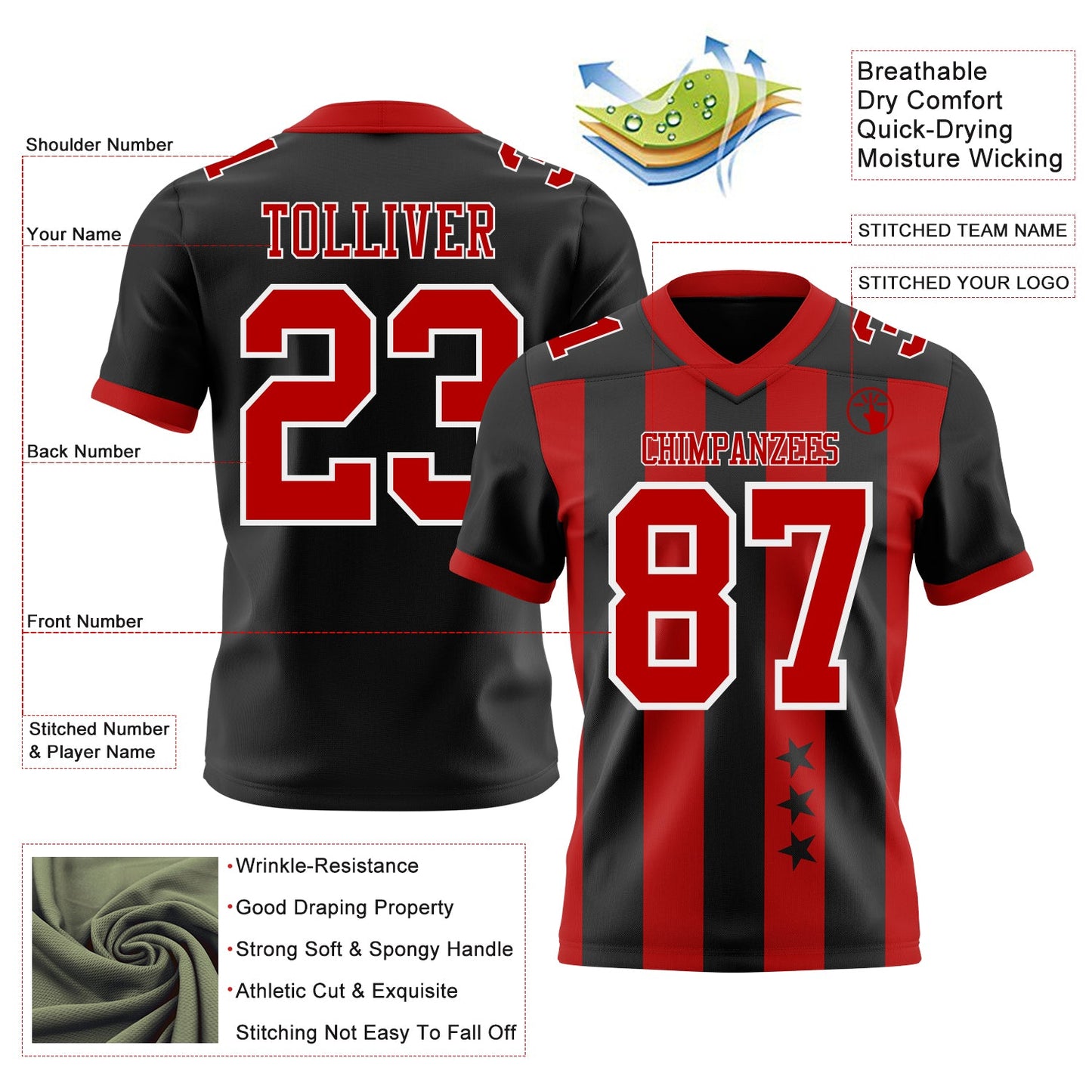Custom Black Red-White Authentic Stars And Stripes 7V7 Flag Football Jersey view 2