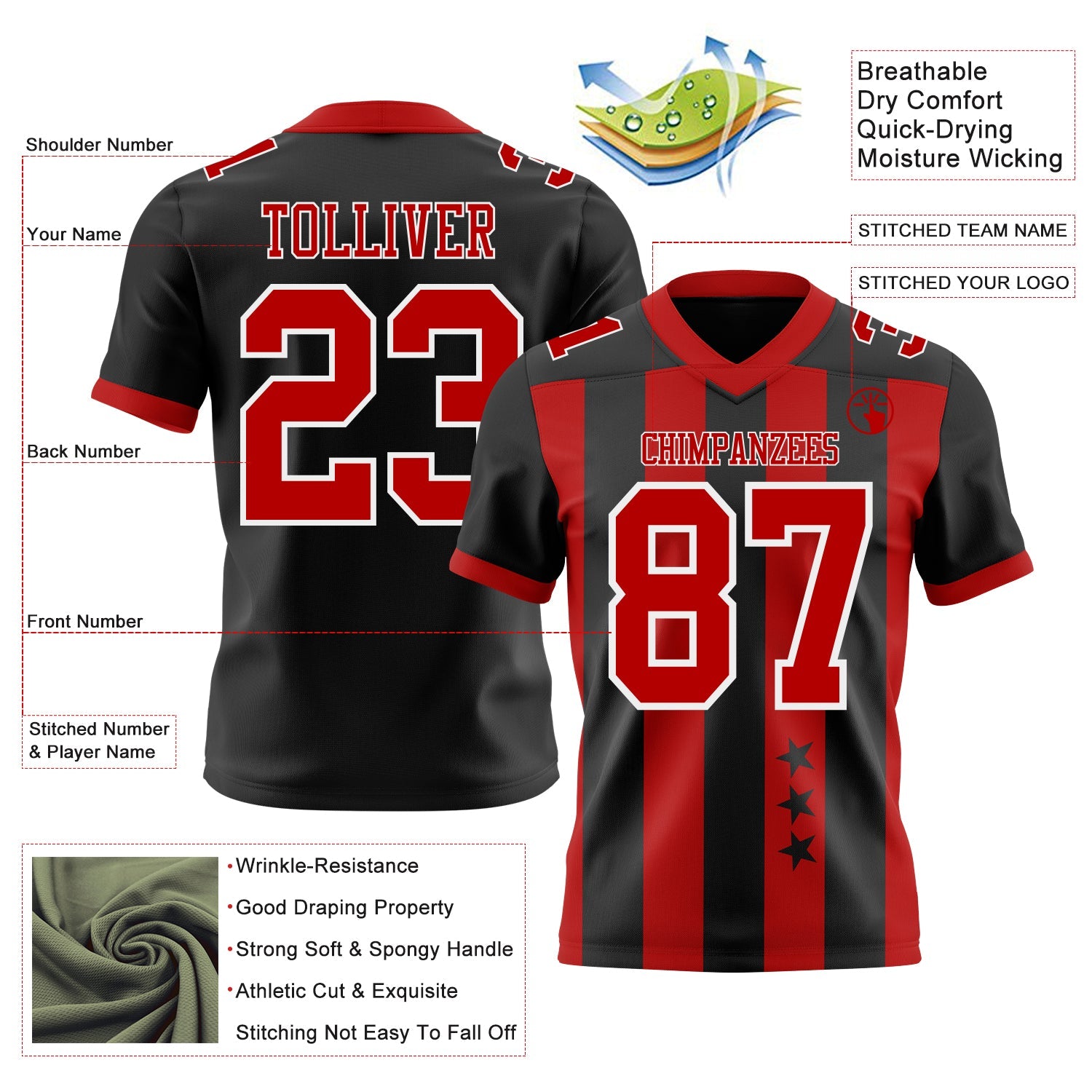 Custom Black Red-White Authentic Stars And Stripes 7V7 Flag Football Jersey view 2