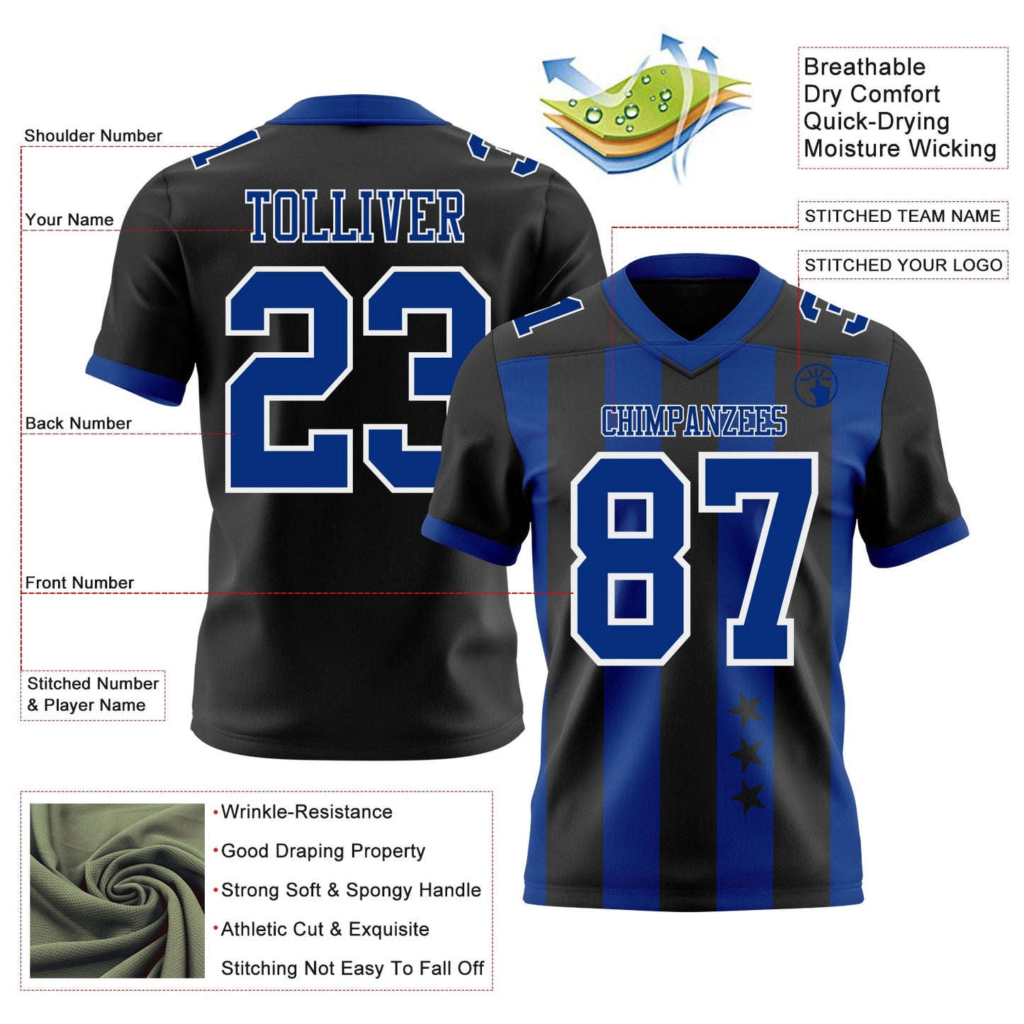 Custom Black Royal-White Authentic Stars And Stripes 7V7 Flag Football Jersey view 2