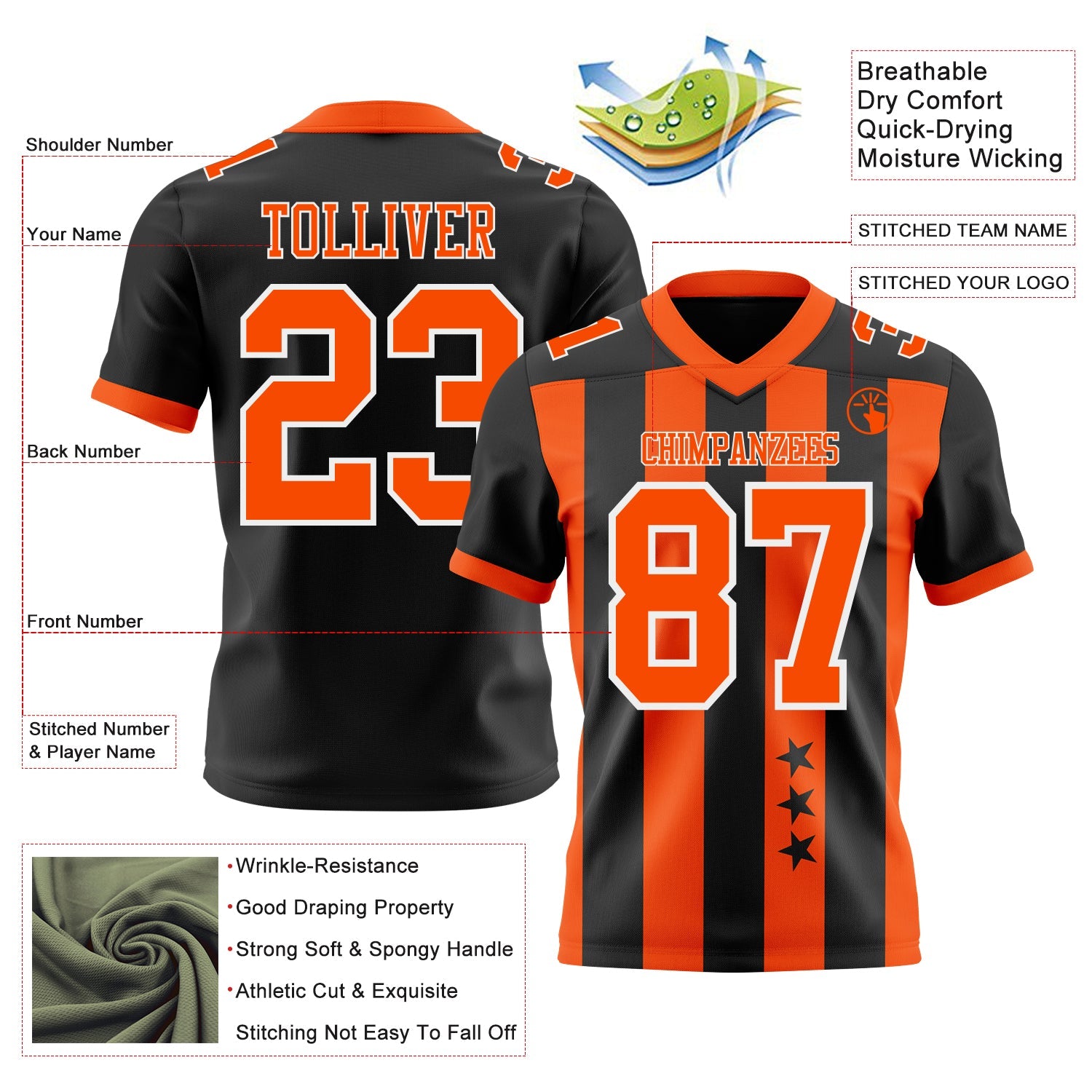 Custom Black Orange-White Authentic Stars And Stripes 7V7 Flag Football Jersey view 2