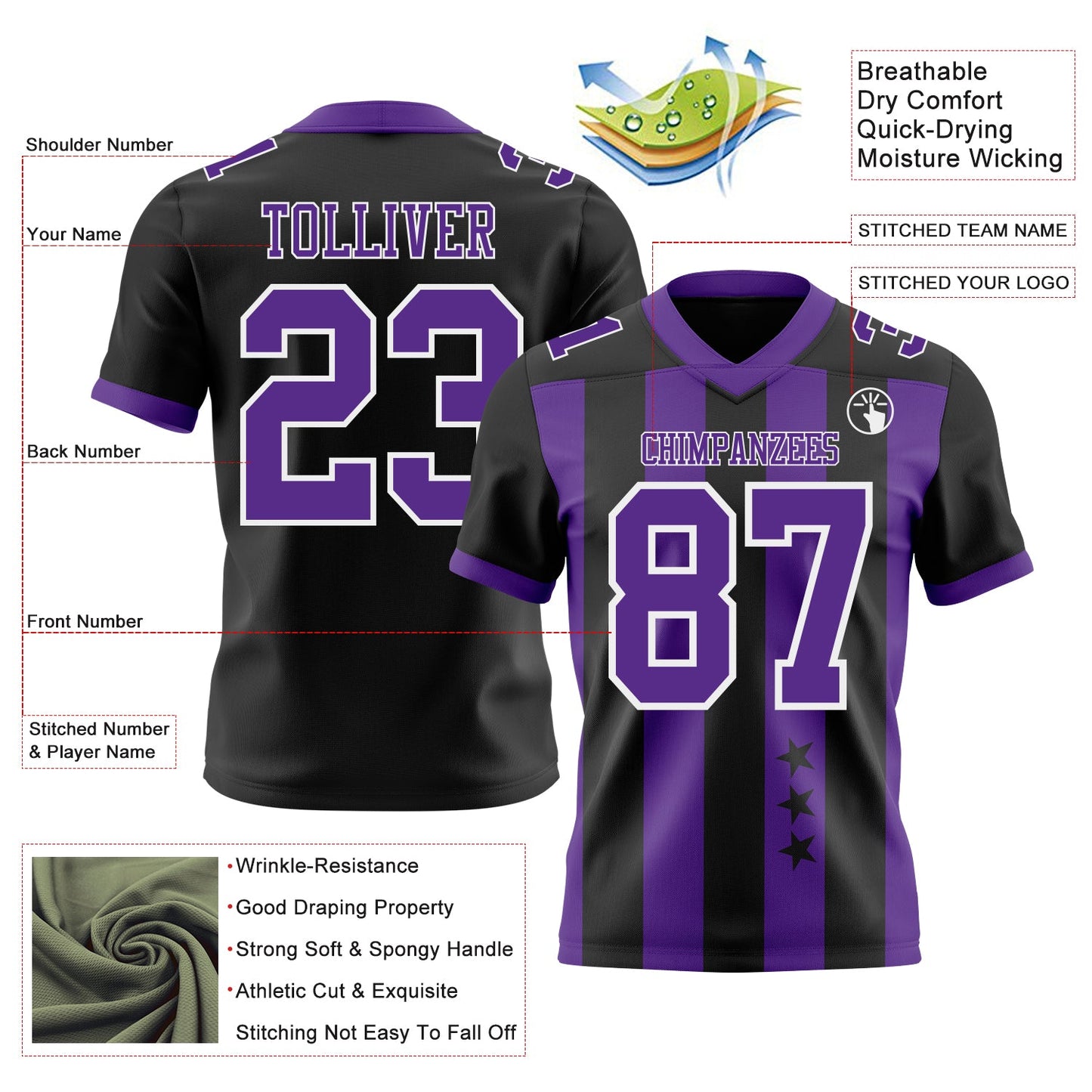 Custom Black Purple-White Authentic Stars And Stripes 7V7 Flag Football Jersey view 2