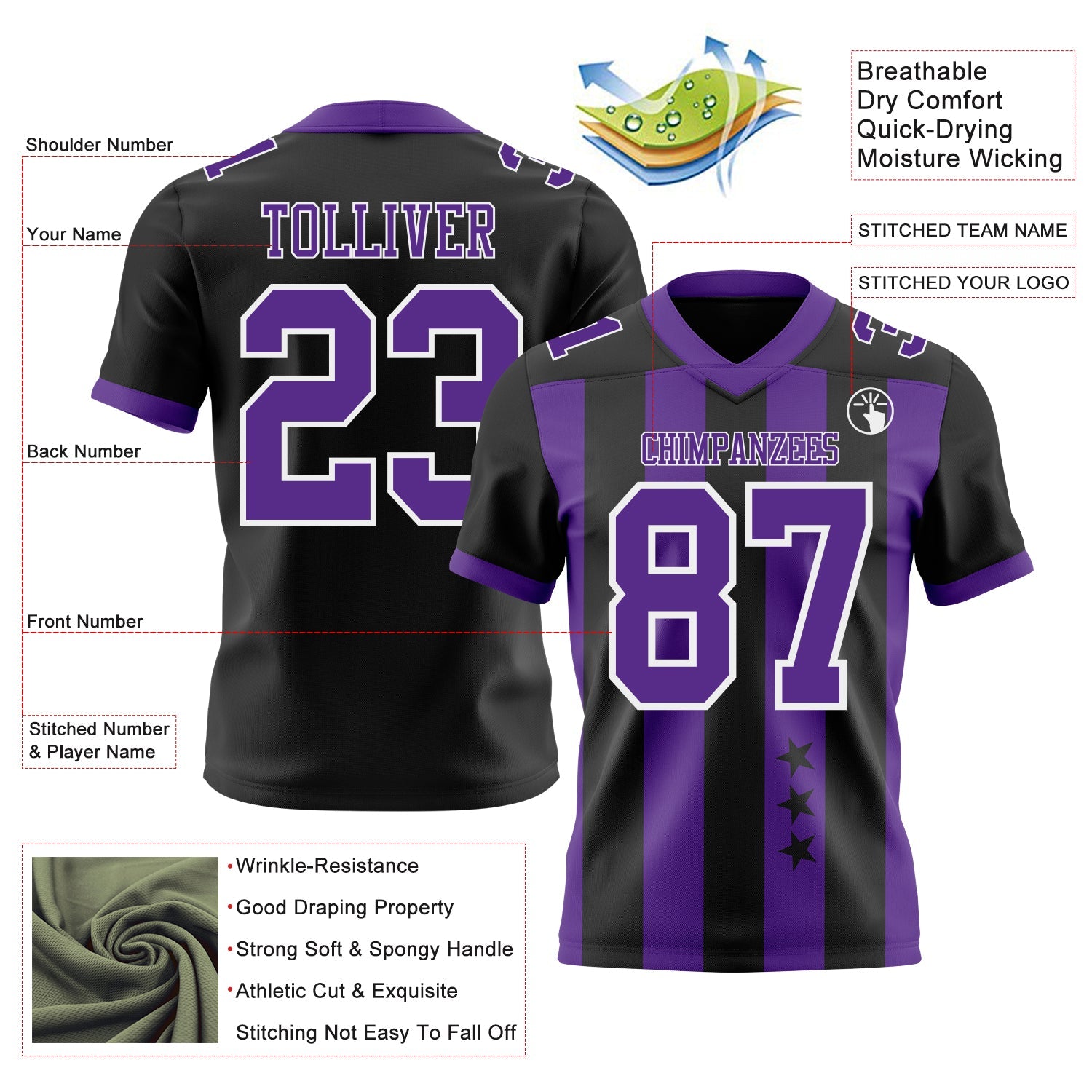 Custom Black Purple-White Authentic Stars And Stripes 7V7 Flag Football Jersey view 2