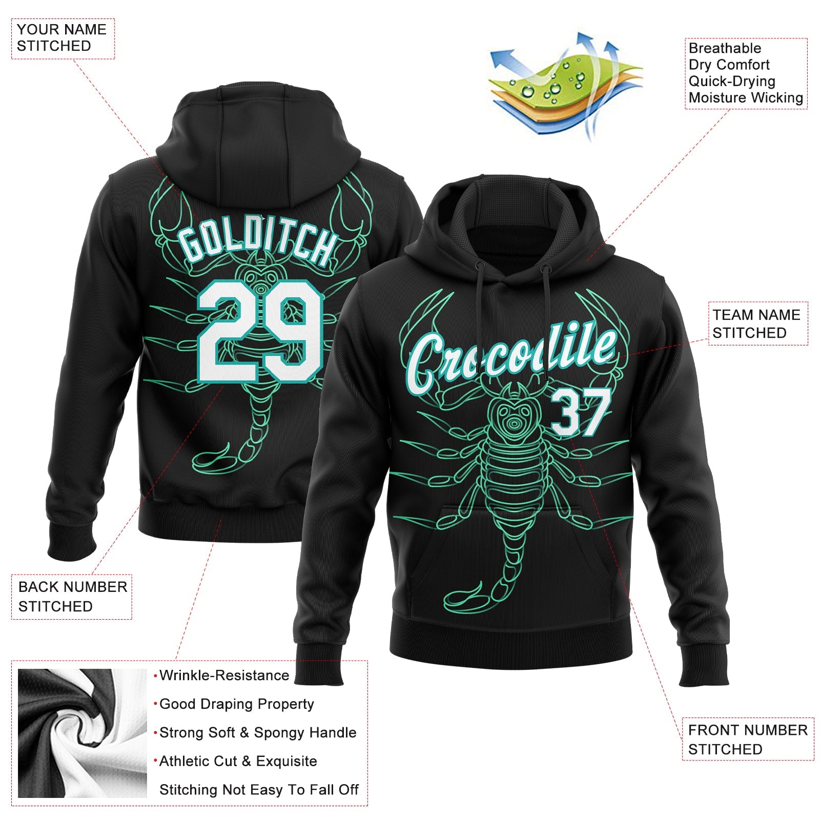 Custom Stitched Black White-Aqua 3D Pattern Design Scorpio Sports Pullover Sweatshirt Hoodie view 2