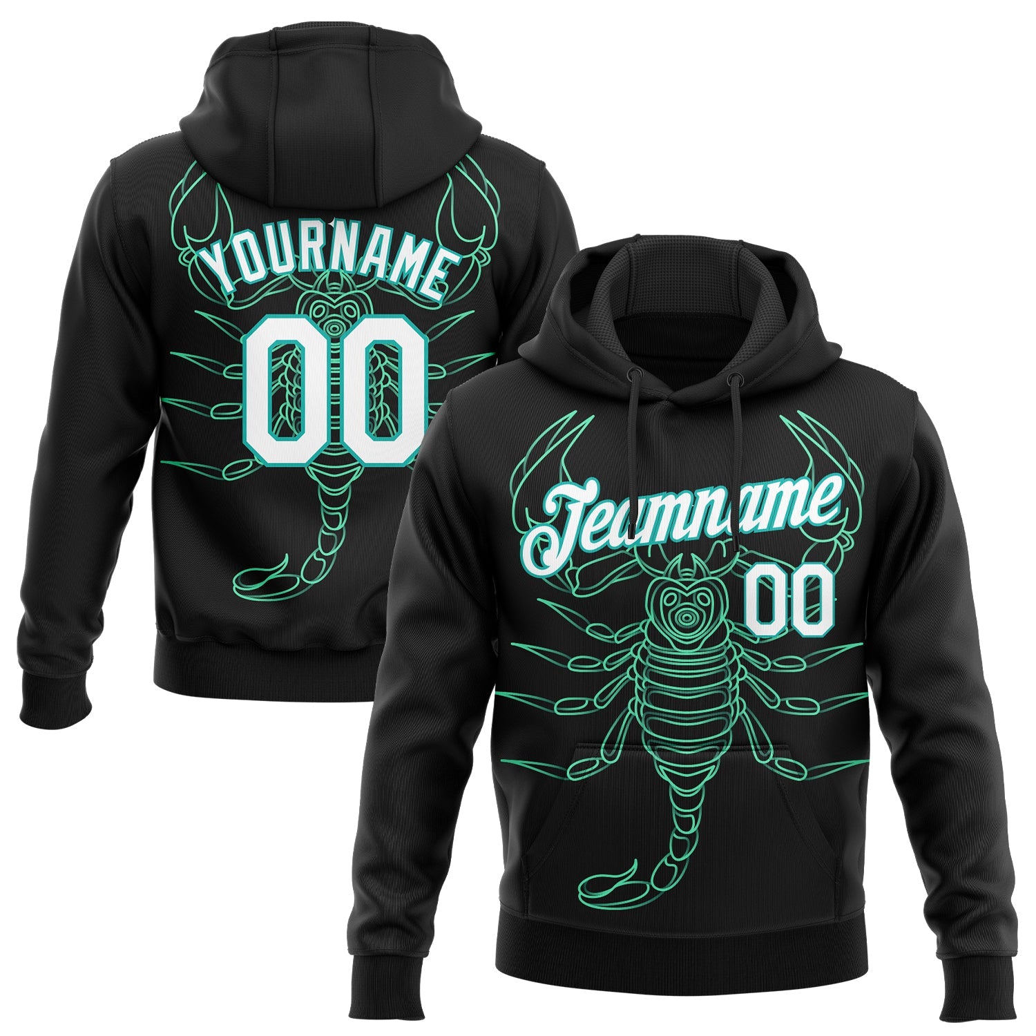 Custom Stitched Black White-Aqua 3D Pattern Design Scorpio Sports Pullover Sweatshirt Hoodie - Main View